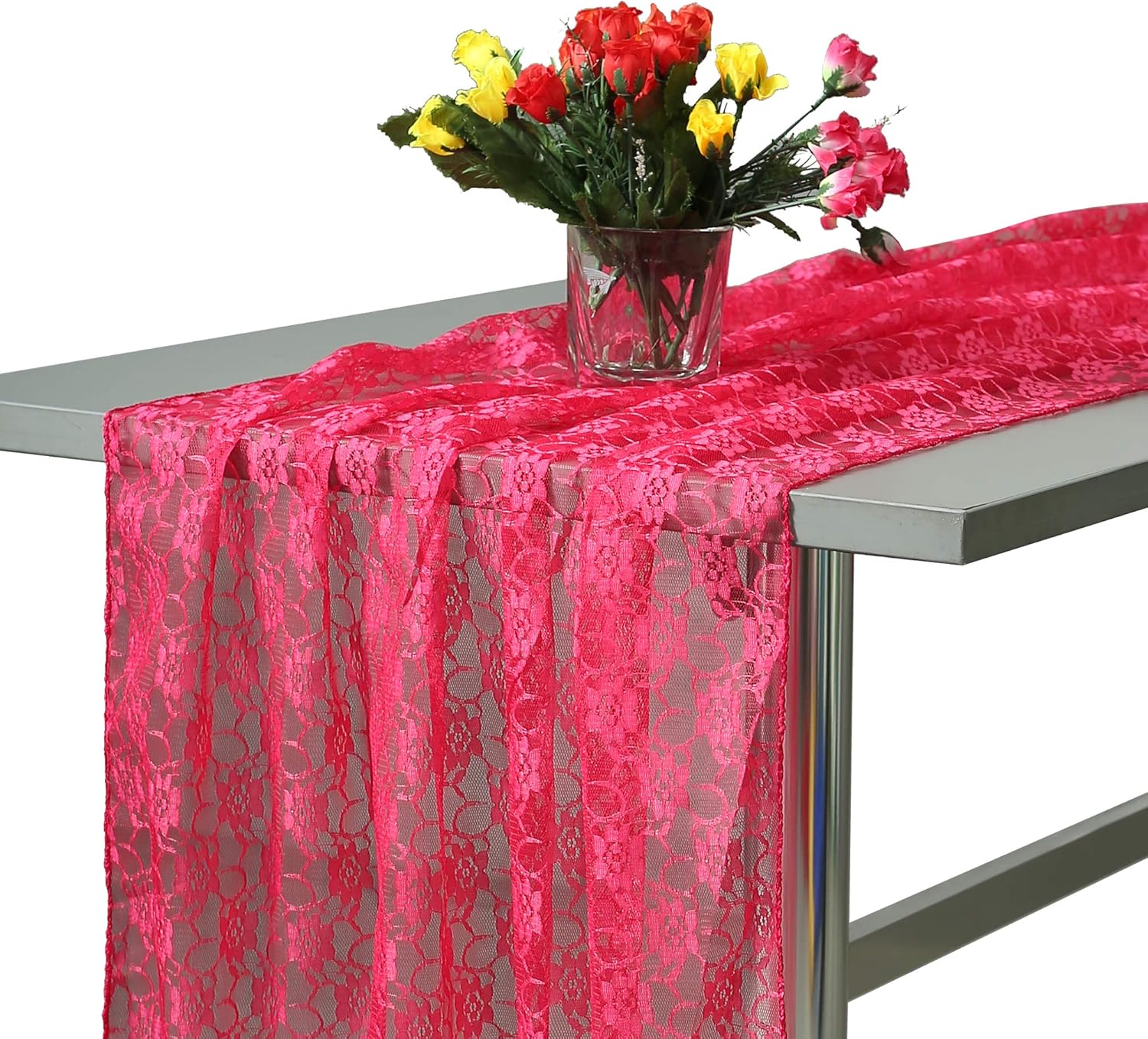 MDS Pack of 12 Wedding 27 x 170 inches Long Sheer lace Table Runner for Wedding Banquets Decorations Birthday Parties, Engagements, Rustic Boho for 14Feet Table Runners - Magenat