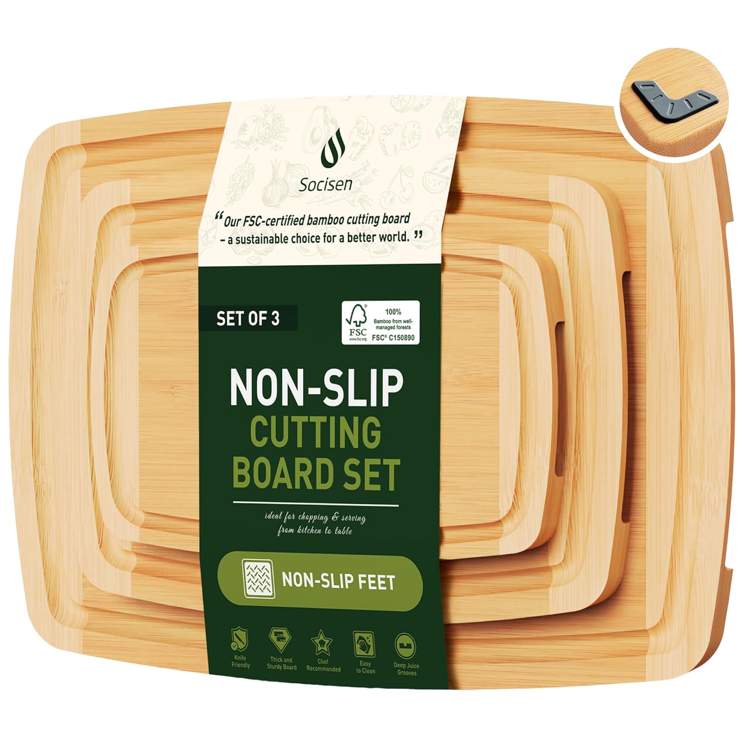 Socisen 3-Piece Bamboo Cutting Board Set with Non-Slip Feet