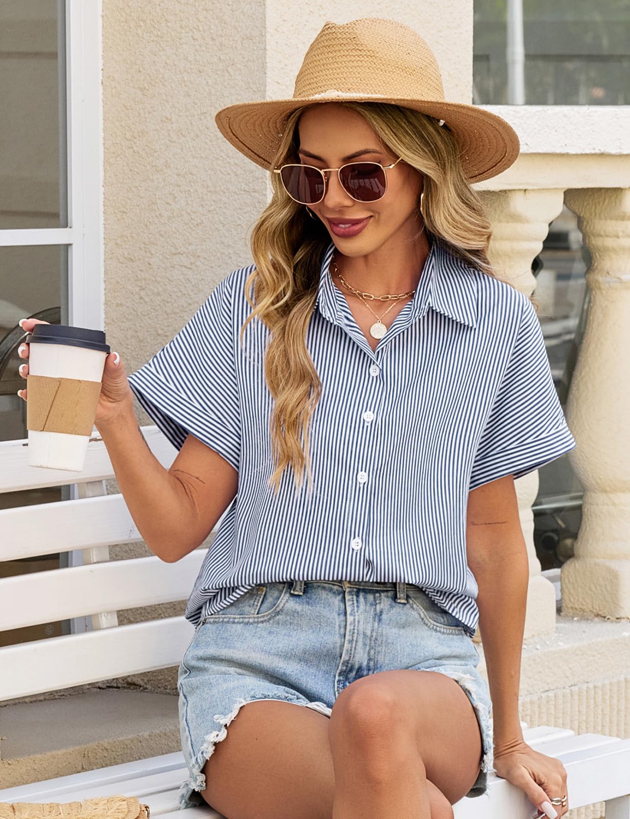 Camicia Donna Estiva Camicetta Manica Corta Elegante Scollo a V Camicia Cotone a Righe Blusa Loose Bottoni Classico Basic Casual Shirt