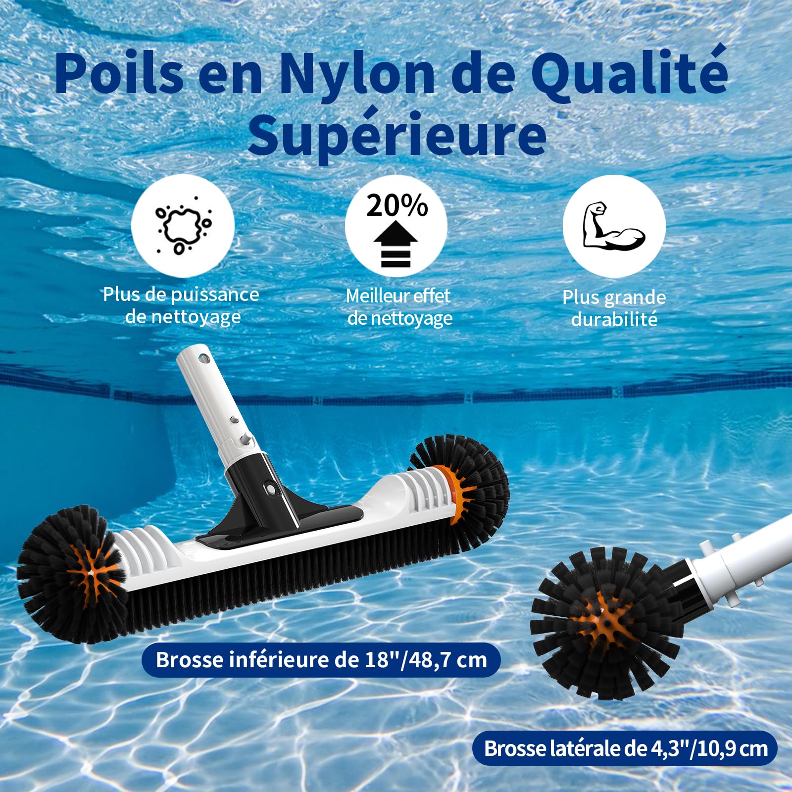 Tête de Brosse de Piscine Ronde, 45,7cm / 18″ Balai Piscine Brosse Robuste avec Poils Solides, Brosse de Nettoyage pour Carrelage, Murs & Coins Récalcitrants (sans Perche Télescopique)