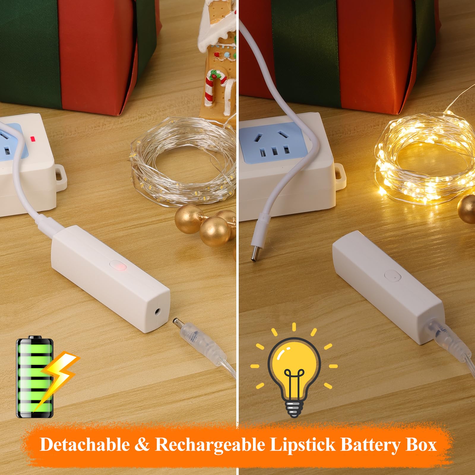 Luces de hadas recargables de 33 pies x 4 pintalabios, luces parpadeantes que funcionan con pilas, mini cadena de luces LED para interiores con temporizador para dormitorio, Navidad, fiestas, bodas