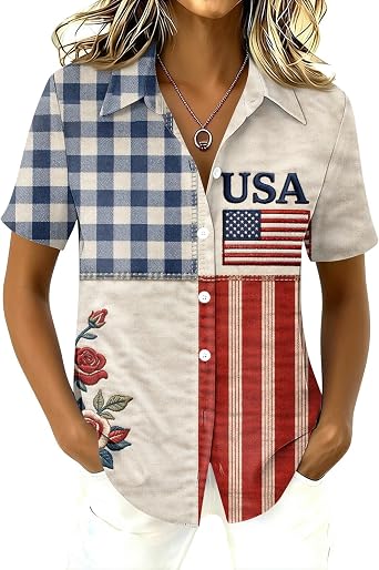 Womens 250 Fourth of July Shirts American Flag V Neck Shirts Short Sleeve Button Up Loose Tops USA Flag Summer Outfits