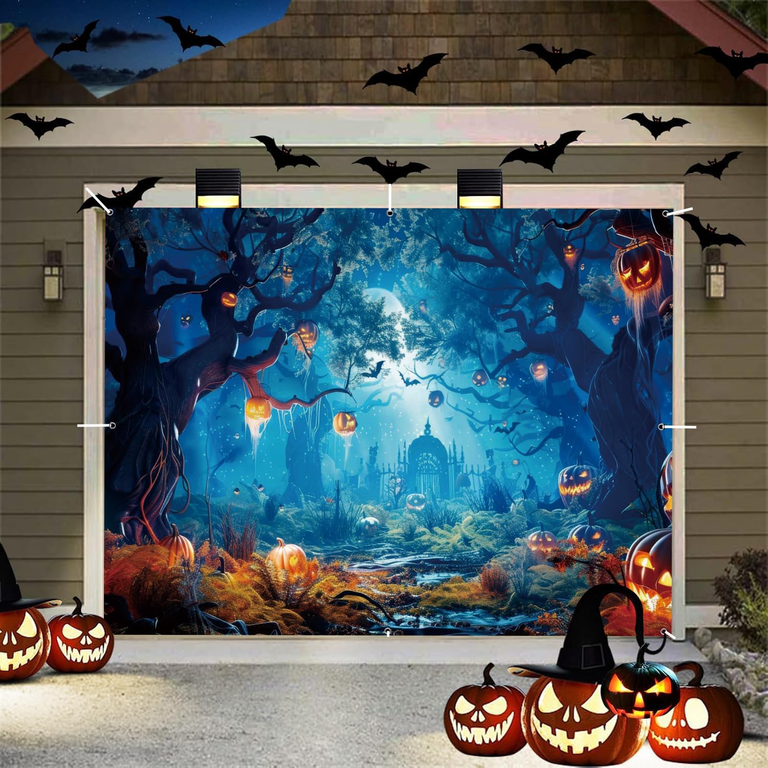 ChloropLastid Halloween Garage Door Cover 7x16ft Large Halloween Garage Door Decorations Creepy Misty Forest Gloomy Cemetery Pumpkin Lantern Photography Backdrop for Outdoor Indoor Wall Decor