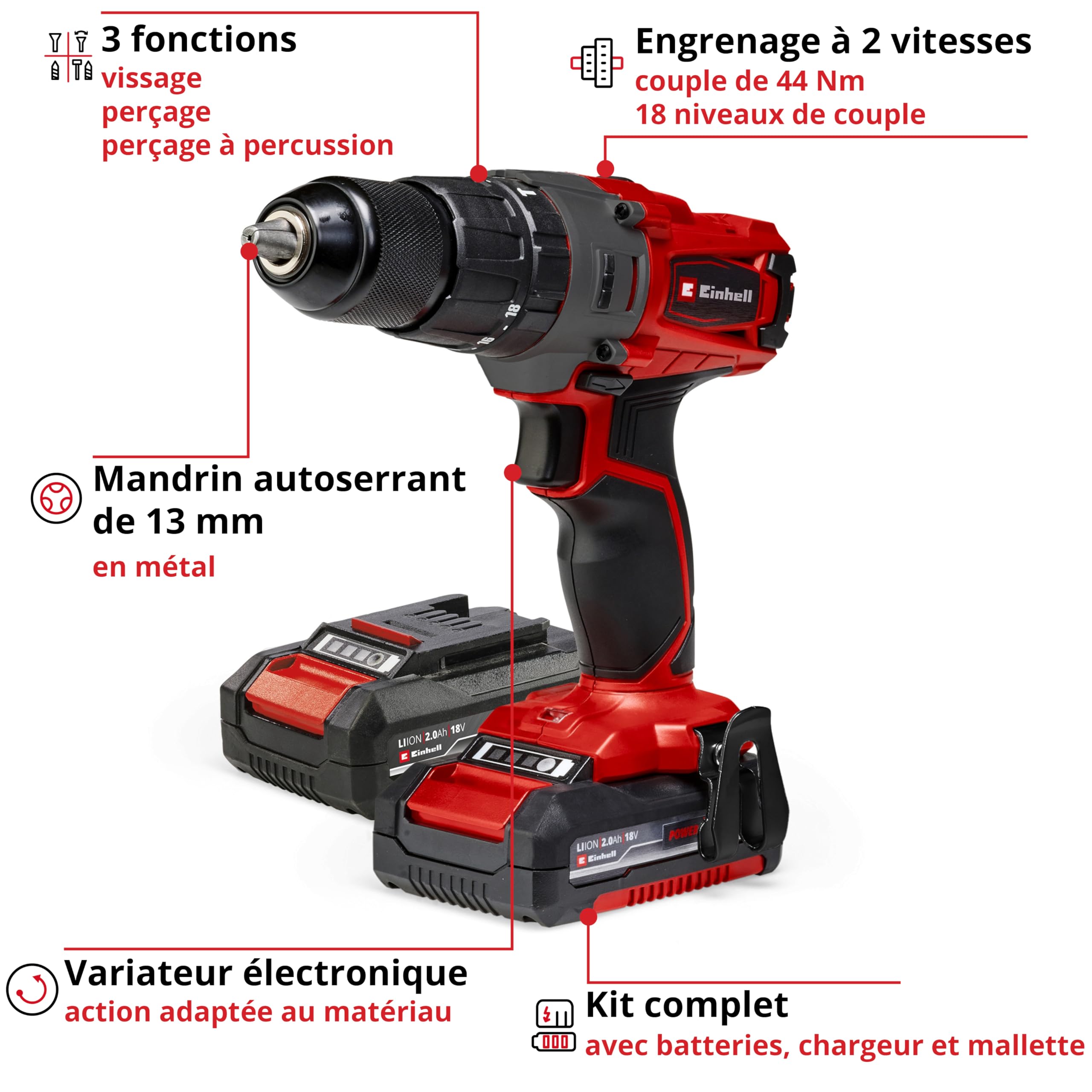Einhell Perceuse Visseuse à percussion sans fil TE-CD 18/2 Li-i +64 (1 x 2,0 Ah) PXC Einhell (Li-ion, 18 V, Couple 44 Nm) Livré avec 2 Batteries 2,0Ah, Chargeur et 64 Accessoires