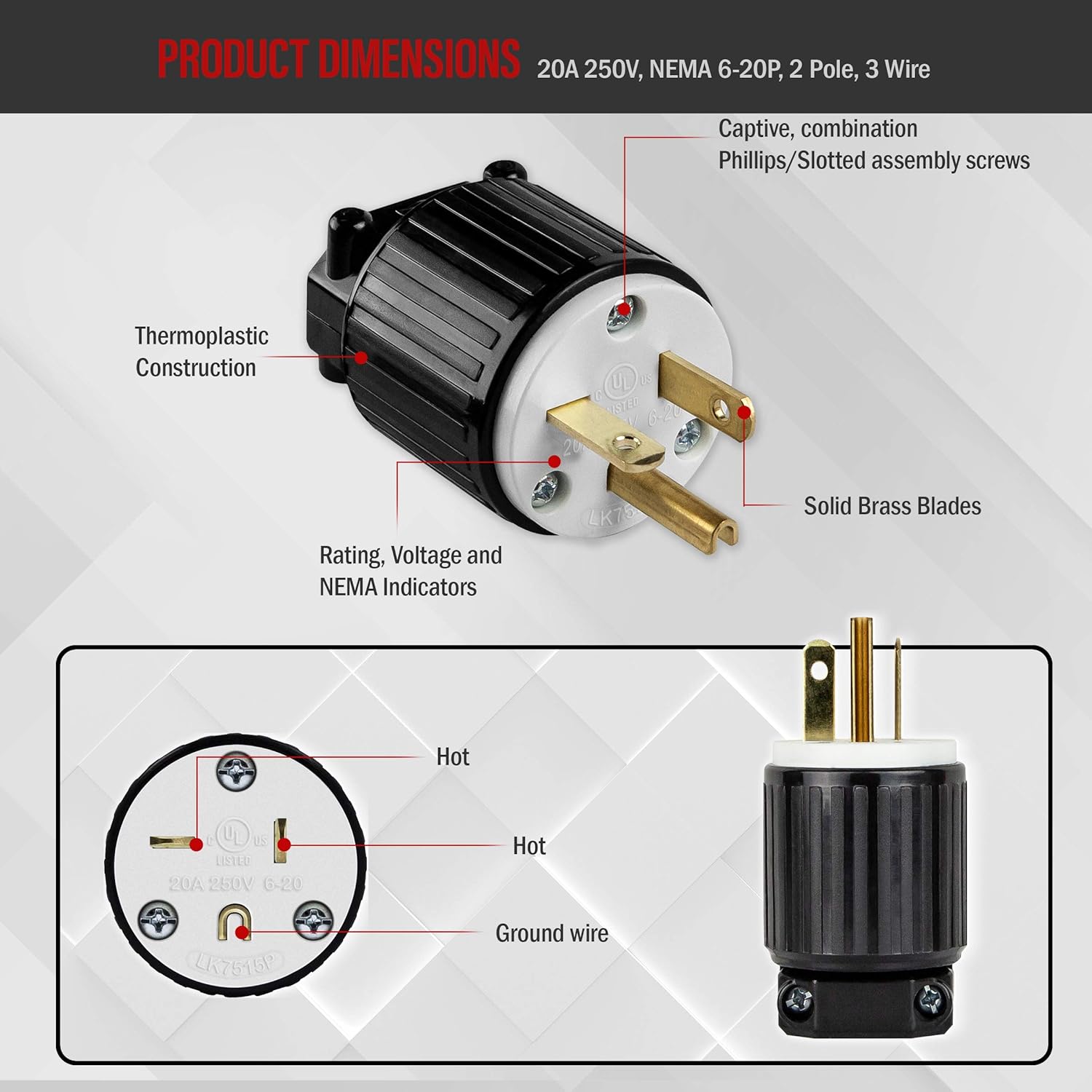 ENERLITES NEMA 6-20P Straight Blade Replacement Plug Connector, Male Extension Cord Ends, 20 Amp, 250 Volt, 2 Pole, 3 Wire Grounding, Heavy Duty, UL Listed, 66230-BK, Black (Pack of 2)