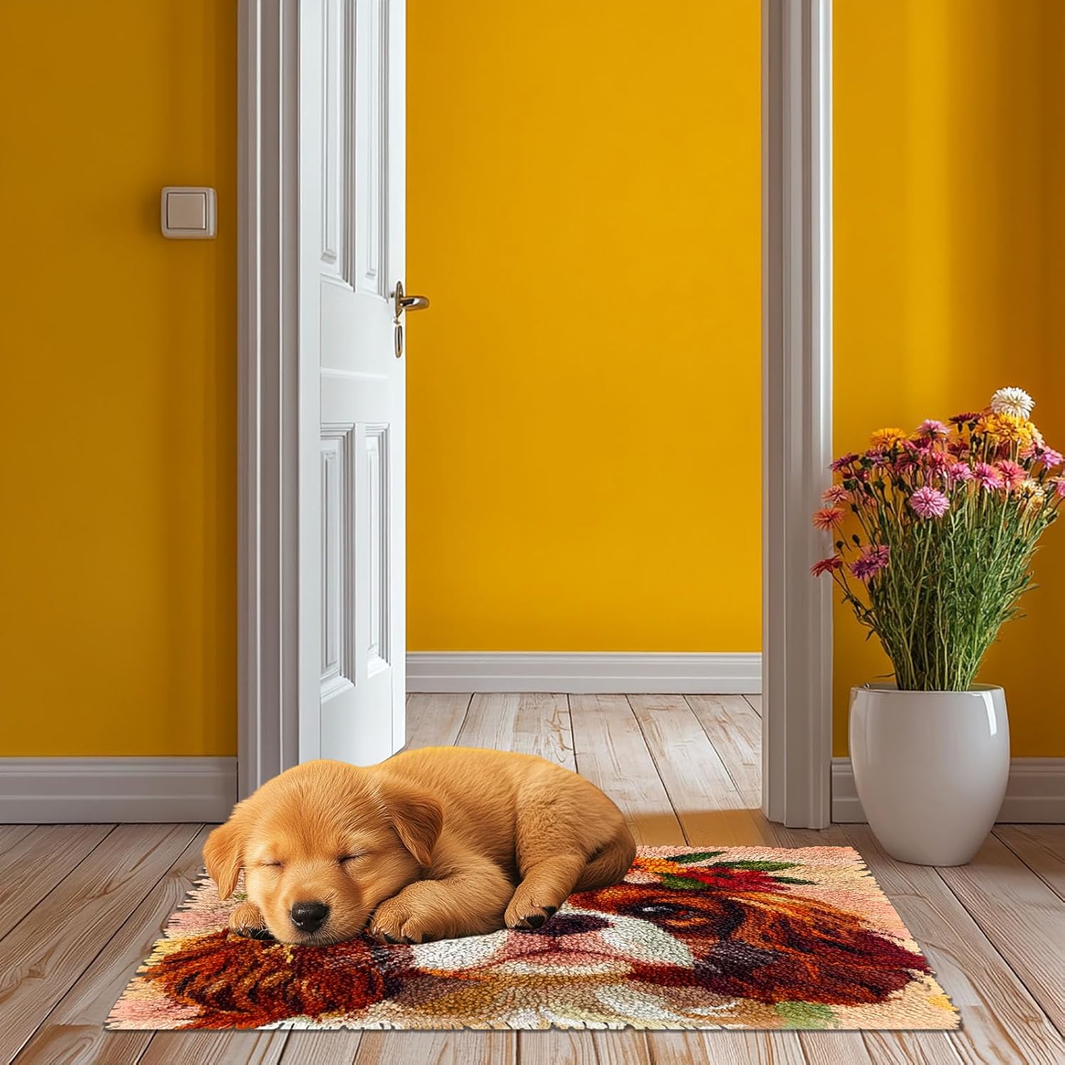 Latch Hook Rug Kit for Adults Cute Cavalier King Charles Dog Pre-Printed Handmade Carpet Crochet Yarn Craft DIY Hook and Latch Door Mat Tapestry Home Floor Decoration 52x38cm(12)