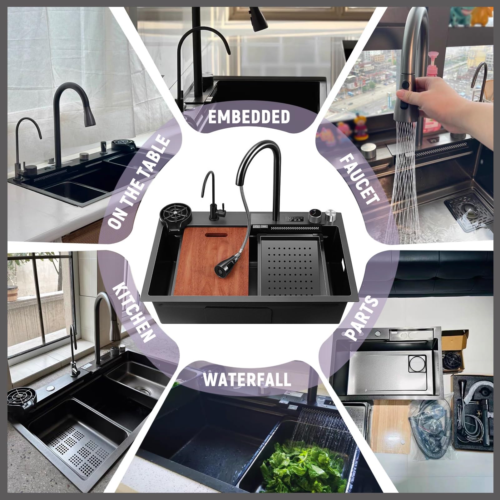 Fregadero cascada multifunción, 75 x 45 cm, negro, 1 lavabo cocina, acero inoxidable, rectángulo con cestas drenaje, sifón y juego desagüe, grifo temperatura