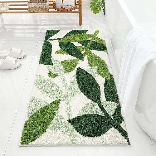 Miniatura 3 de Gibelle Alfombra larga de baño de 24 x 48 pulgadas, hojas verdes, alfombra grande para baño, antideslizante, fuerte, absorbente de agua, alfombra de