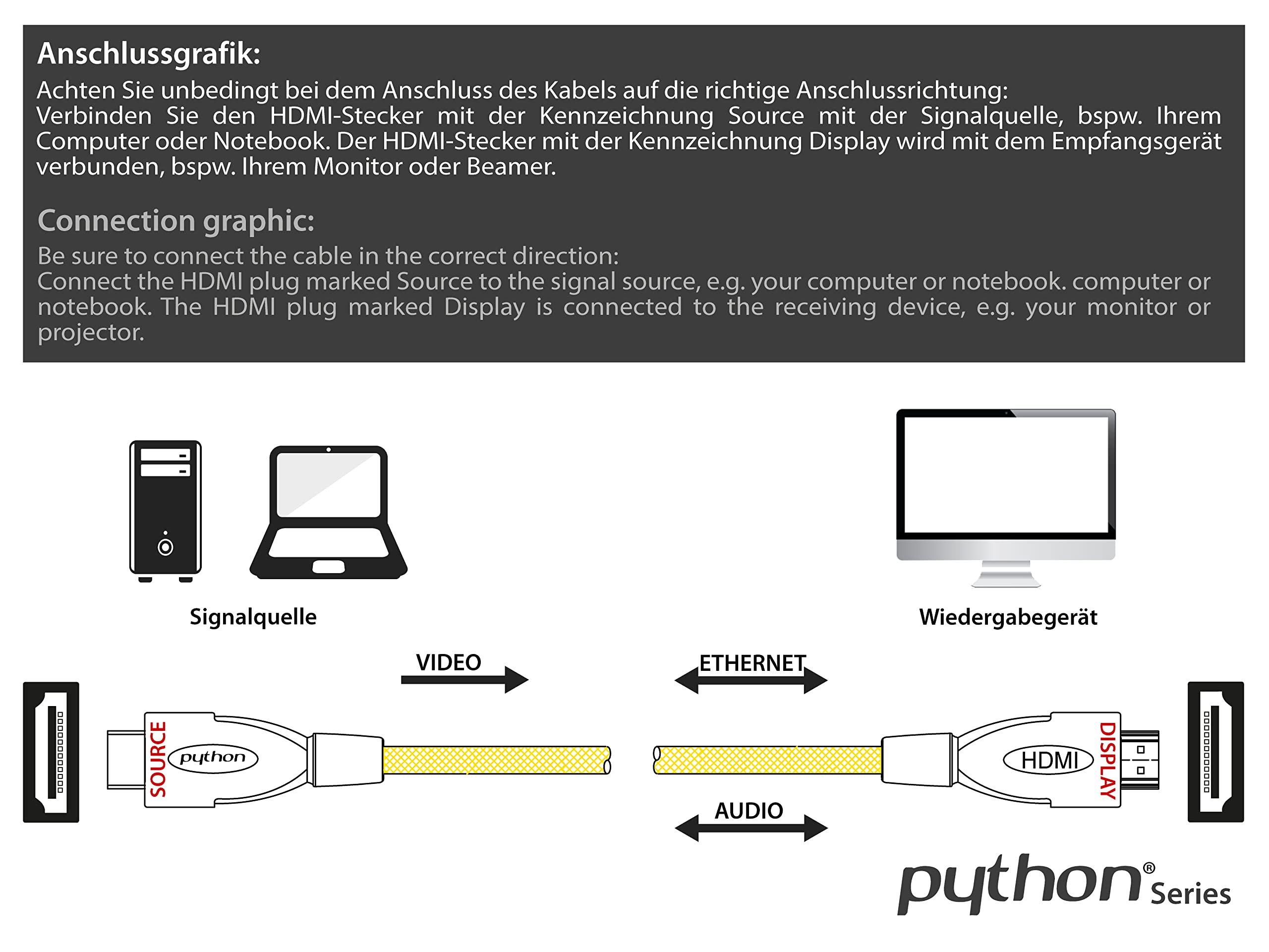 PYTHON® Series Premium - Cable HDMI activo de alta velocidad con Ethernet (4K2K, UHD, Ultra HD, Full HD, OFC), 30 m, con triple apantallamiento, nailon trenzado, color amarillo