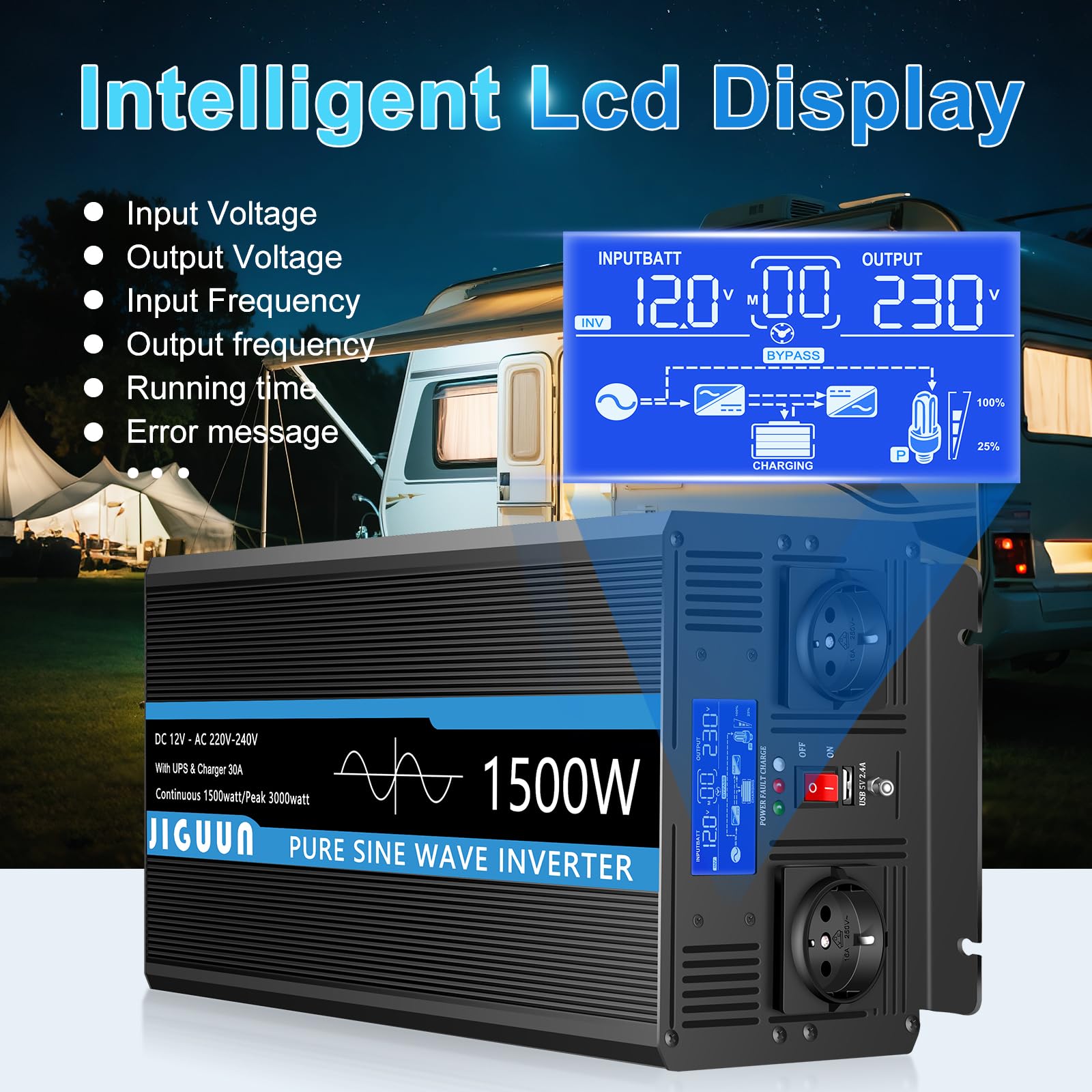 JIGUUN 1500W 3000W Wechselrichter Reiner Sinus Spannungswandler 12V 230V Mit 30A-Ladegerät und Netzvorrangschaltung und USV, 2 EU Steckdosen，Kabellose Fernbedienung und LCD-Anzeige