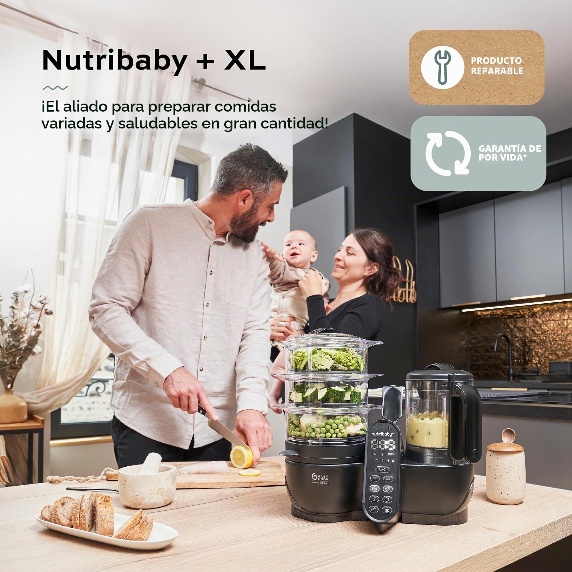 Babymoov Nutribaby(+) XL - Robot Multifunción 6 en 1, Vaporera, Batidora, Gran capacidad de 2,9 l, Óptimo para la Cocina por Lotes, Negro