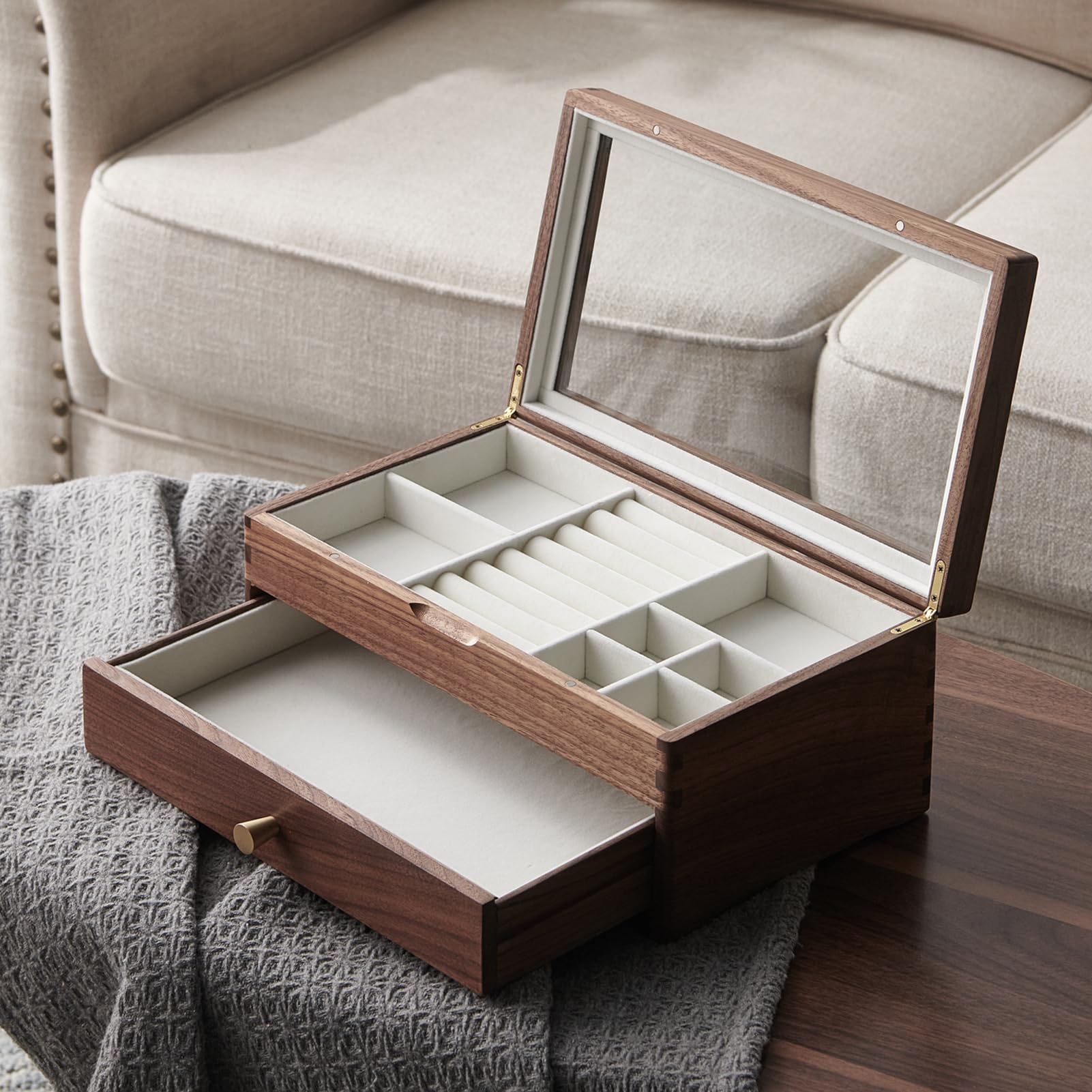 Beexchange Joyero de madera de nogal negro, hecho a mano, tapa de cristal, 1 cajón, regalo para mujeres, hombres y niñas. Organizador de joyas (doble capa)