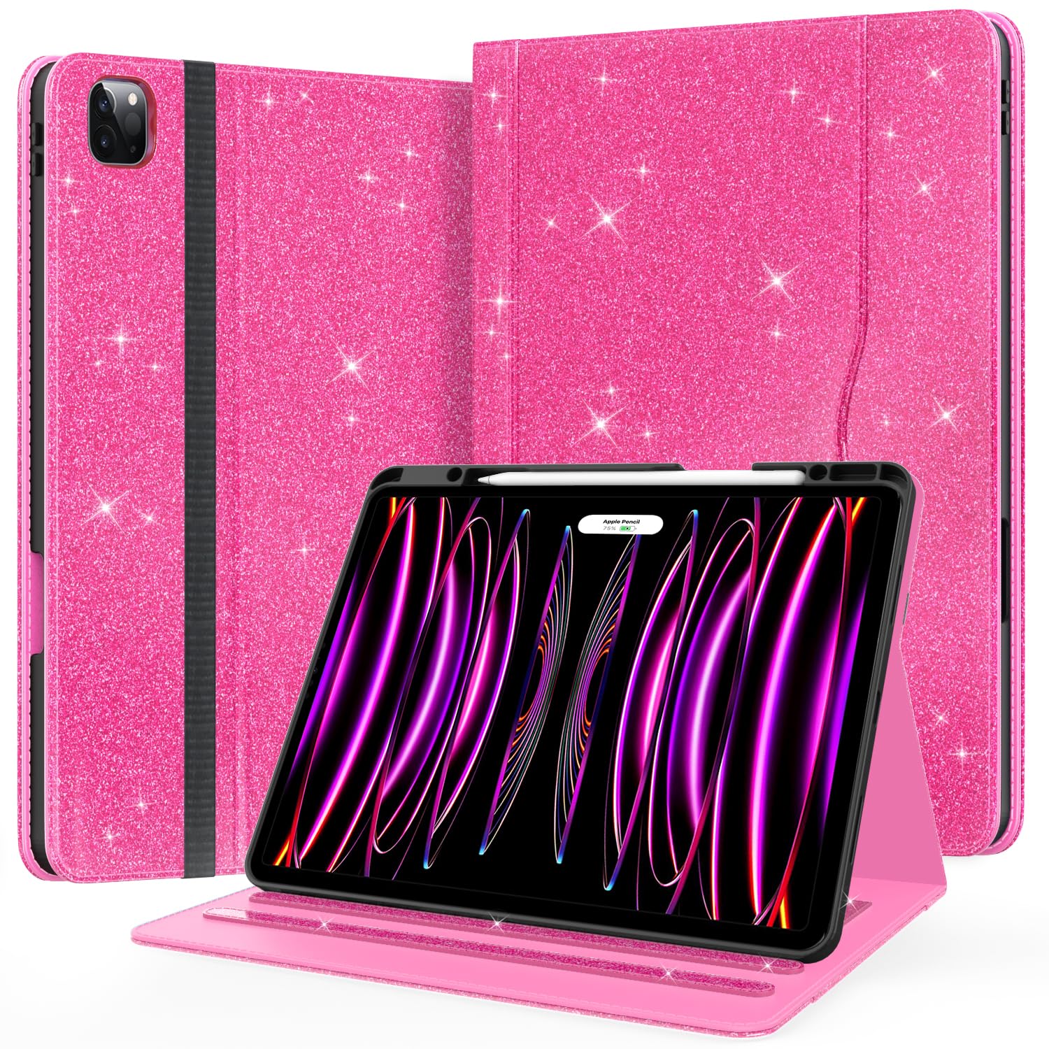 Case for New iPad Pro 12.9 inch 6th/5th/4th/3rd Generation 2022/2021/2020/2018, 12.9'' ipad Pro Leather Protective Cover 6/5/4/3 Gen with Pencil Holder, Auto Wake/Sleep, Glitter Pink