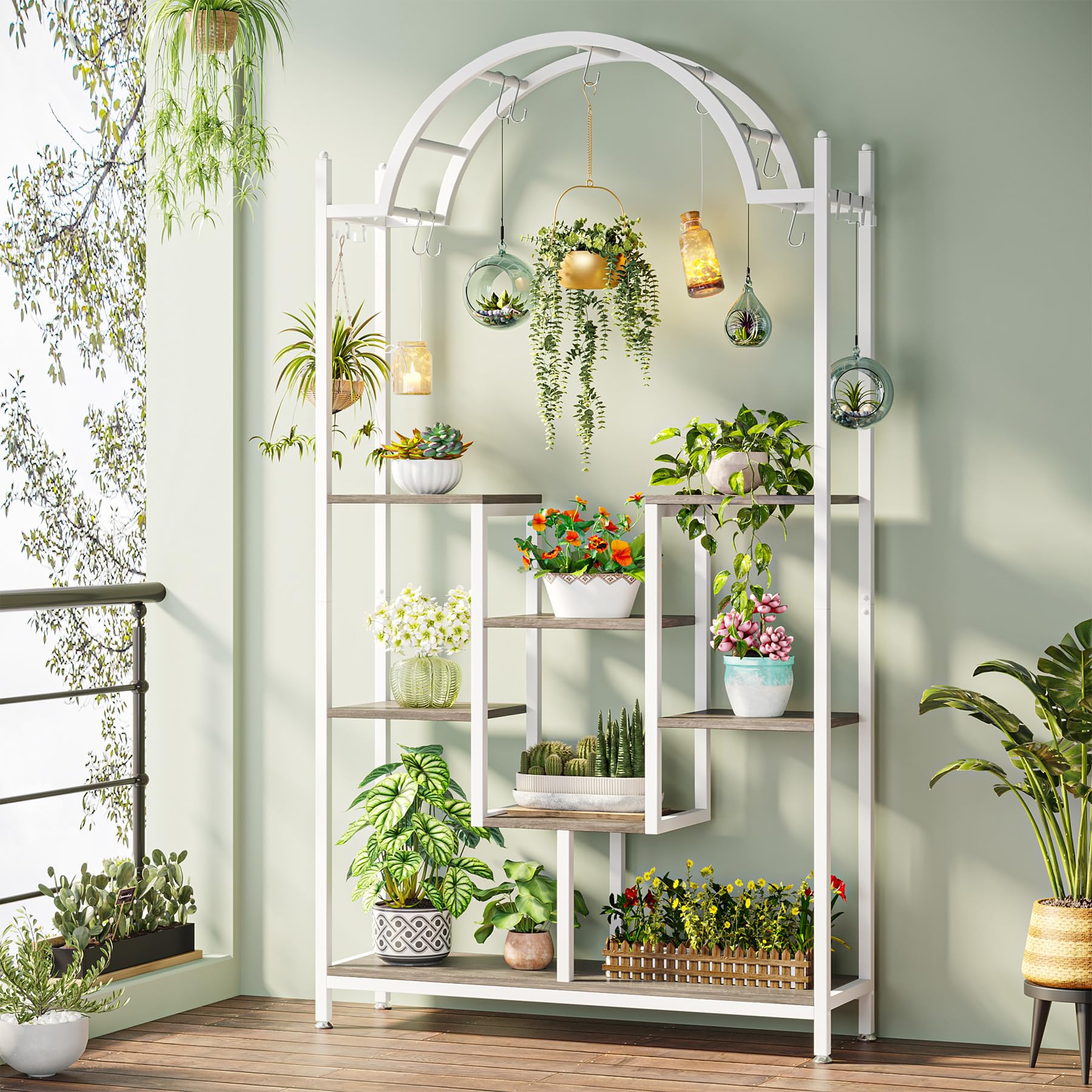 Tribesigns hoher Pflanzenständer für den Innenbereich, 5 Etagen, 190 cm gewölbtes Metall-Blumenregal mit Hängehaken, großes Bonsai-Topf-Display-Regal für Garten, Balkon, Wohnzimmer, Weiß und Grau