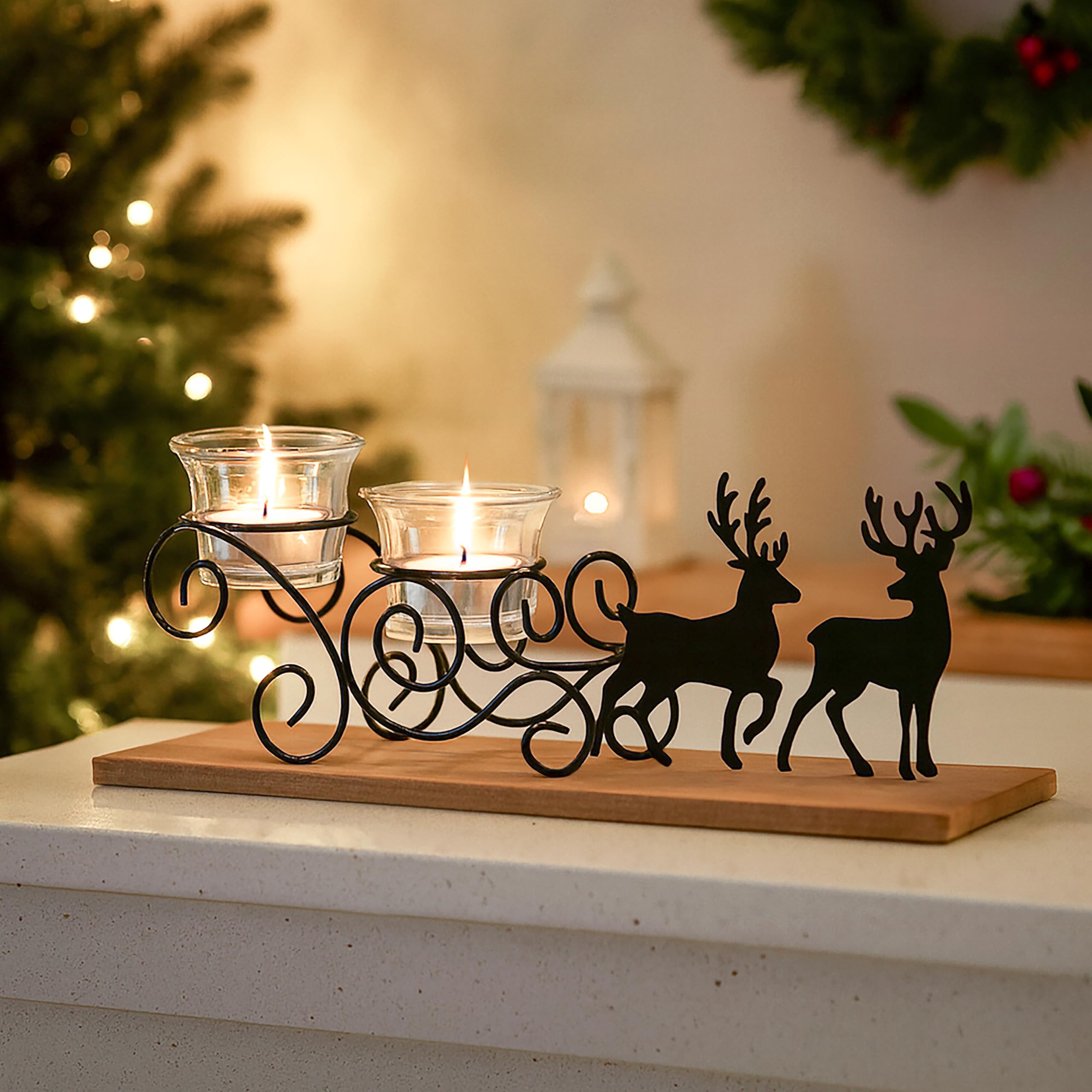 Marco Paul Interiors Black Marco Paul Metal Reindeers Decoration Glass Tealight Holder - Stag Christmas Table Centrepiece - Tea Light Candle Holders Christmas Table Decoration Tea Light & Votive Candle Holders