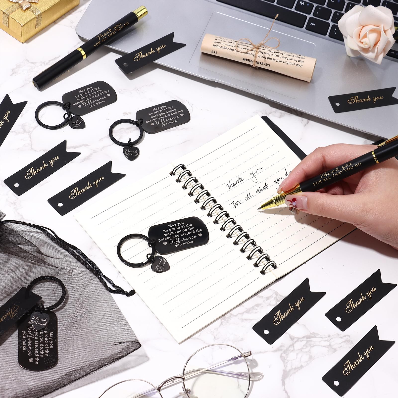 ULELE 48 Pcs Employee Appreciation Gift With Thank You Pens,Black Employee Thank You Cards,Organza Bags,Keychains,Bulk Thank You Gift for Coworkers Staff Teacher Doctor Team Volunteer Social Worker - Image 4