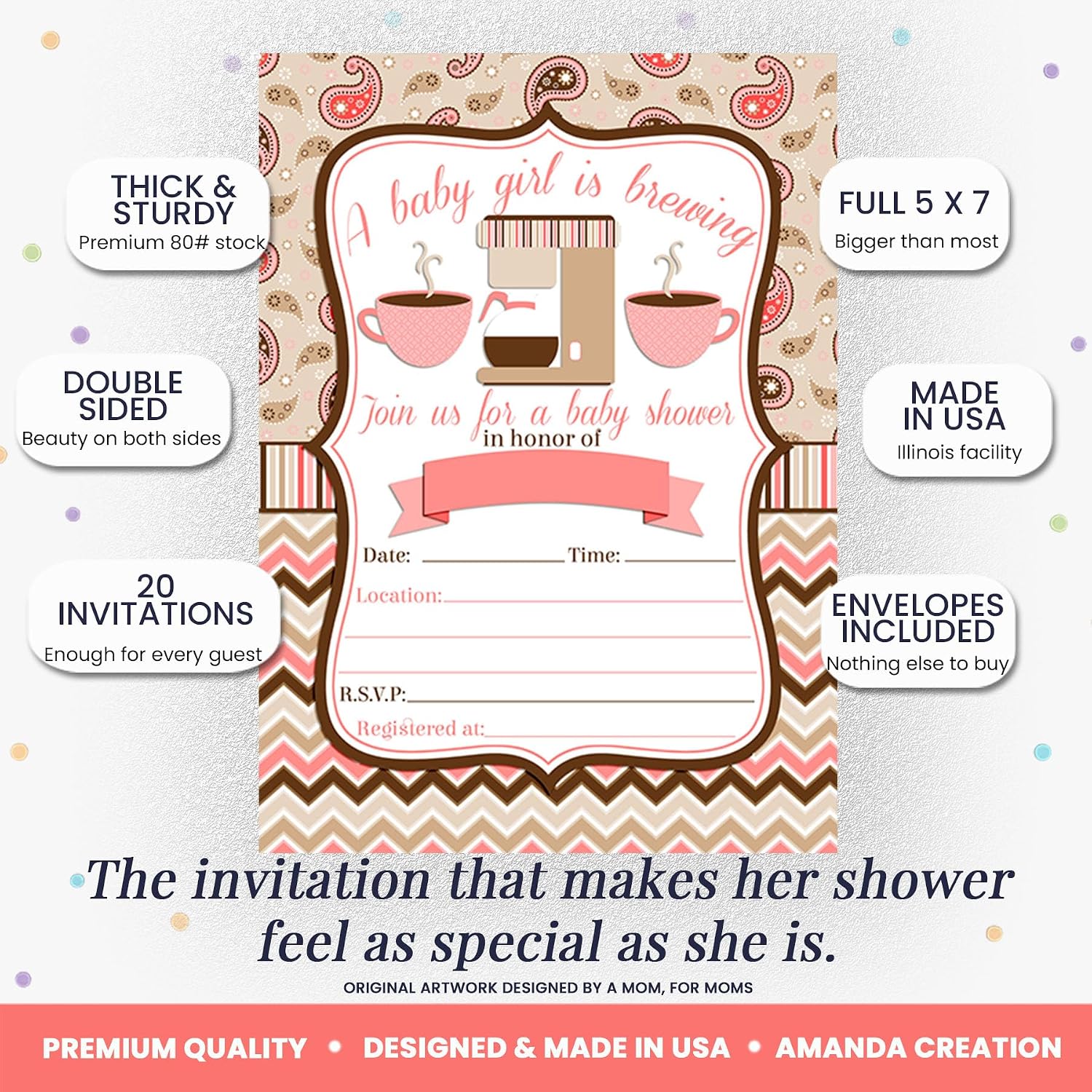 Coffee Themed Baby Girl Baby Sprinkle Baby Shower Invitations, 20 5x7 Fill in Cards Twenty White Envelopes AmandaCreation