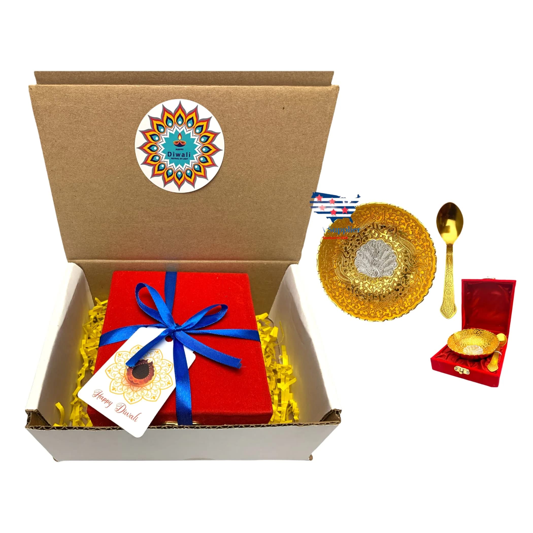 LOVENSPIRE Diwali Gift Hamper German Gold Silver Plated Round Bowl and Spoon with Velvet Box Diwali Gift Item Festive Diwali Pujan Home Decorative Bhog Bowl for Employees Friends Relative