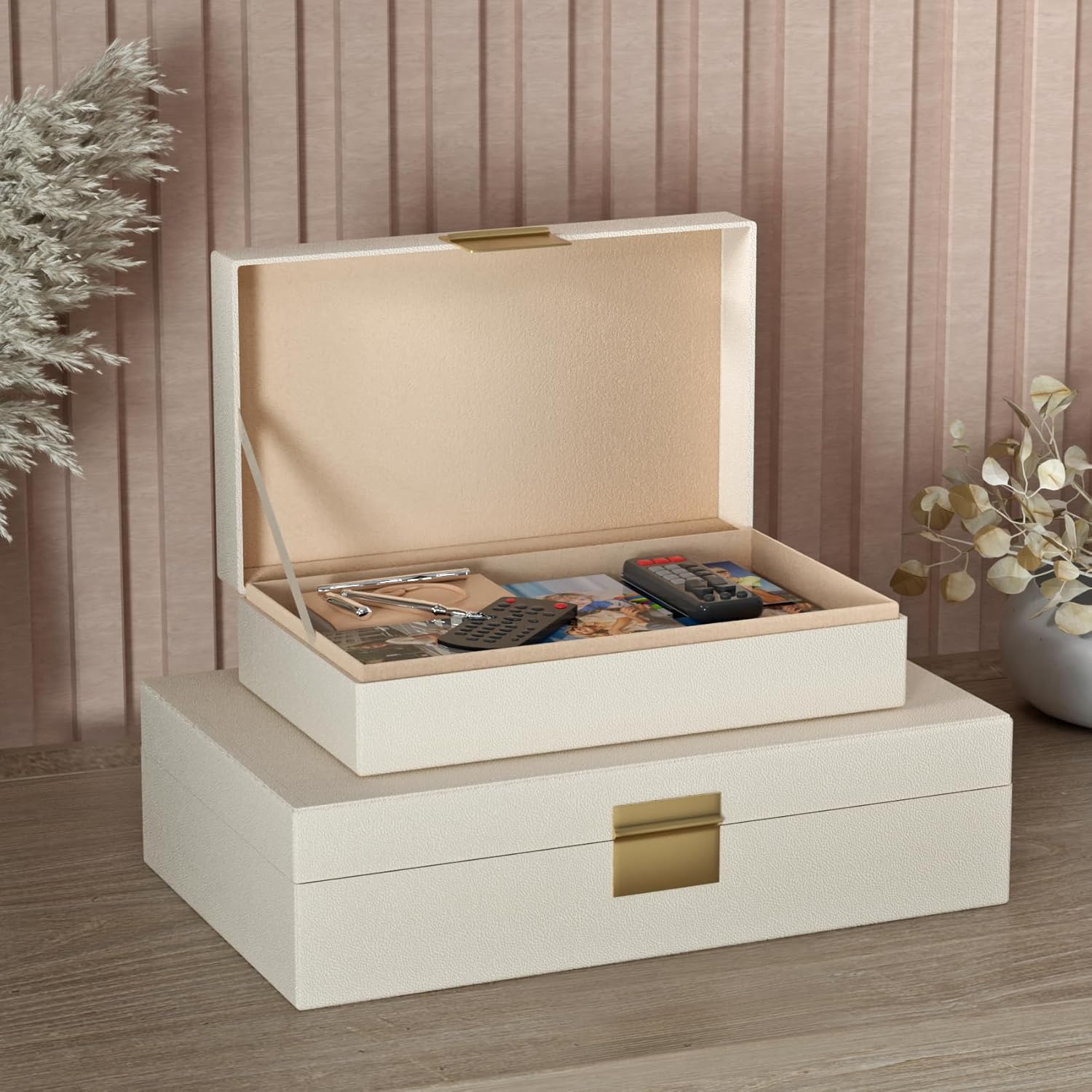 Decorative Storage Boxes Set of 2 - Multi-Purpose Beautiful PU Leather Organizer Bins for Your Home Decor - Decorative Containers with Lids Store Photos, Documents, Memory Box Keepsakes (Beige)