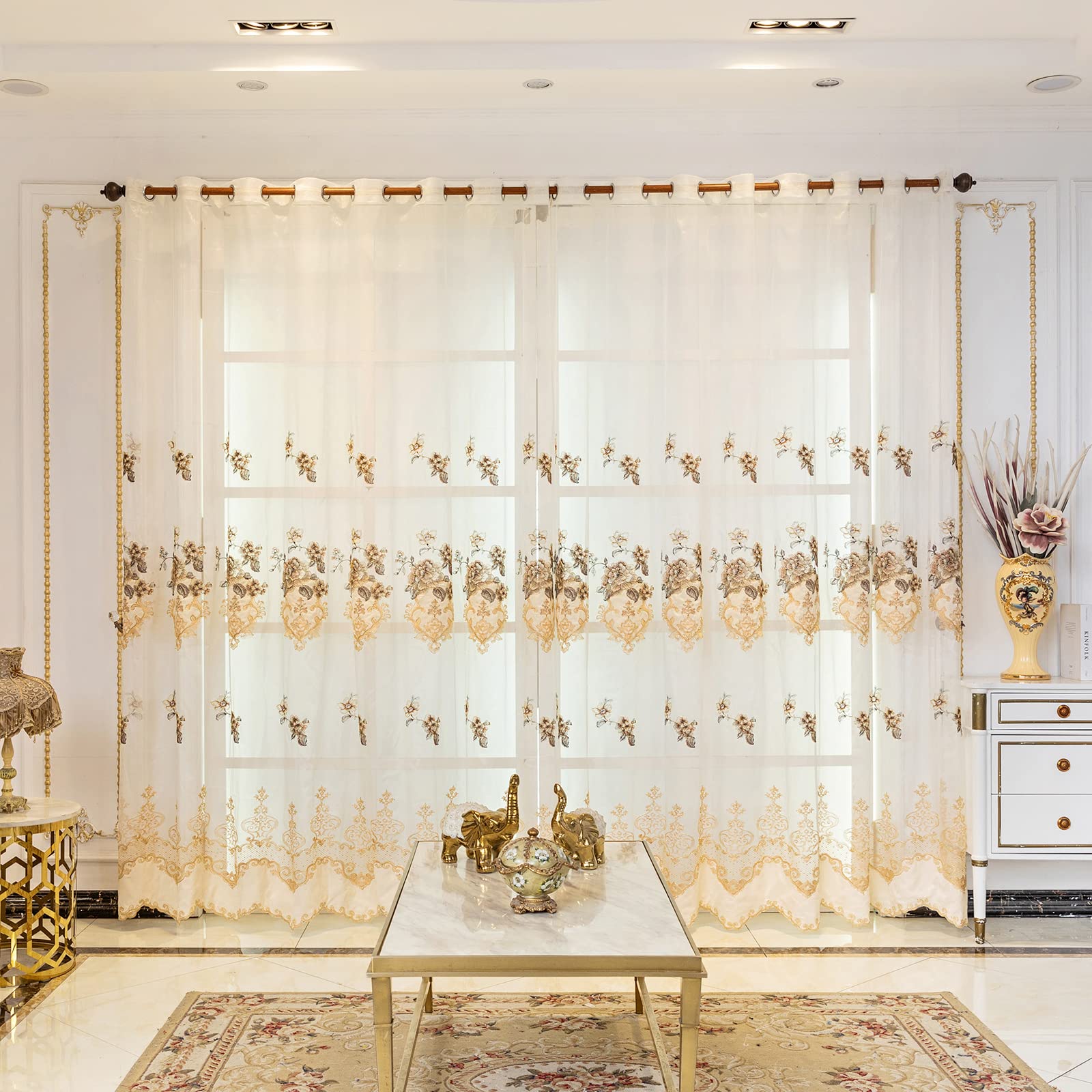 ELKCA European Style Luxury Beige Embroidered Sheer Curtain for Living Room Elegant Floral Tulle Curtains for Bedroom,Grommet Top,W52inch by L84inch,2 Panels