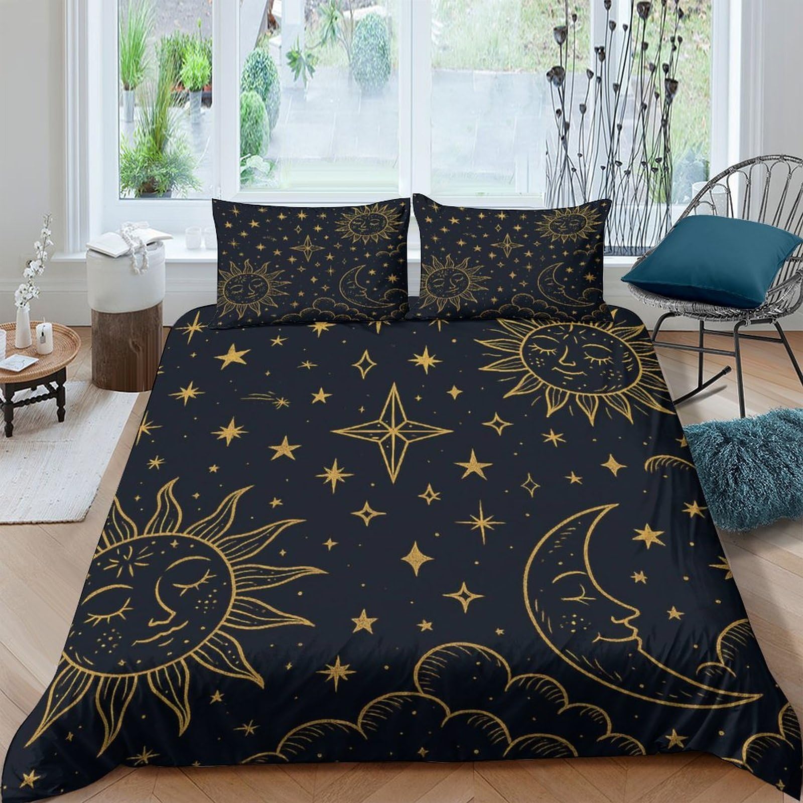 Ctjqhvkz Style-3 3D Printed Sun Moon Star Fitted Sheet Microfiber Soft Black Gold Celestial Bed Cover For Bedroom Guestroom Dorm Decor Single（135X200cm）