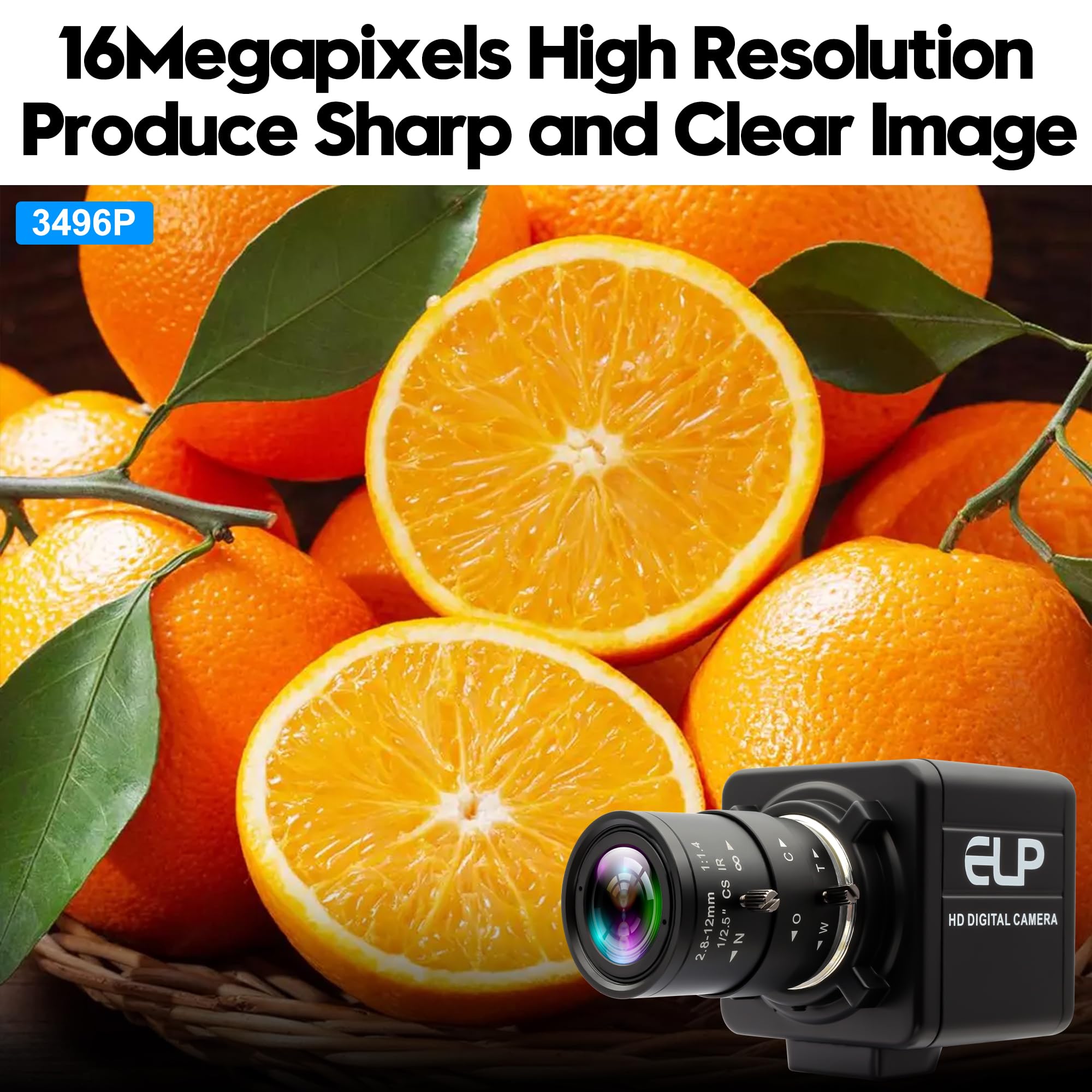 ELP Cámara USB HD de 16 MP, 2,8 – 12 mm, zoom óptico manual de 4 aumentos, lente de montaje CS, alta resolución para Lightburn OpenCV Live Streaming y microscopio USB Plug & Play para Windows, Linux y