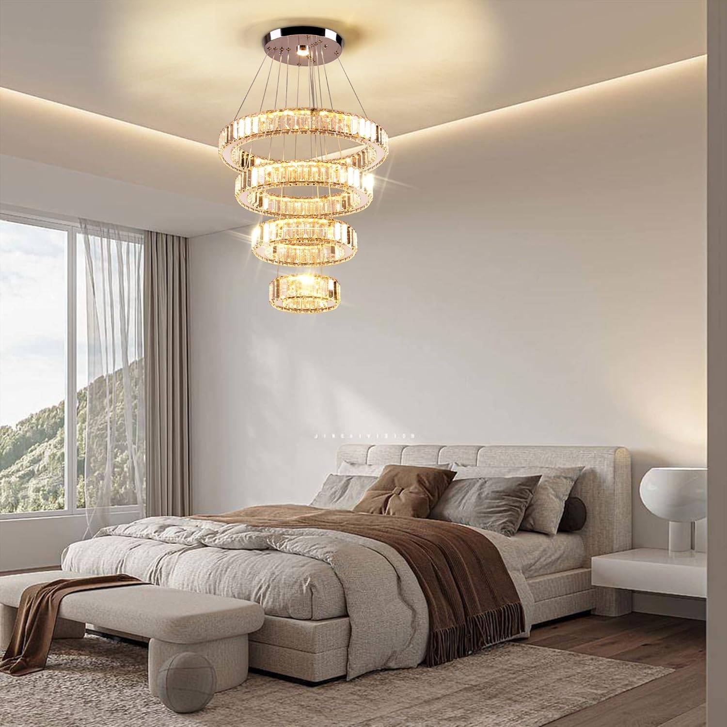 Modern Crystal Chandeliers 4 Ring LED Crystal Pendant Light DIY Adjustable High Chandelier for Dining Room Living Room Bedroom 3 Color Changeable