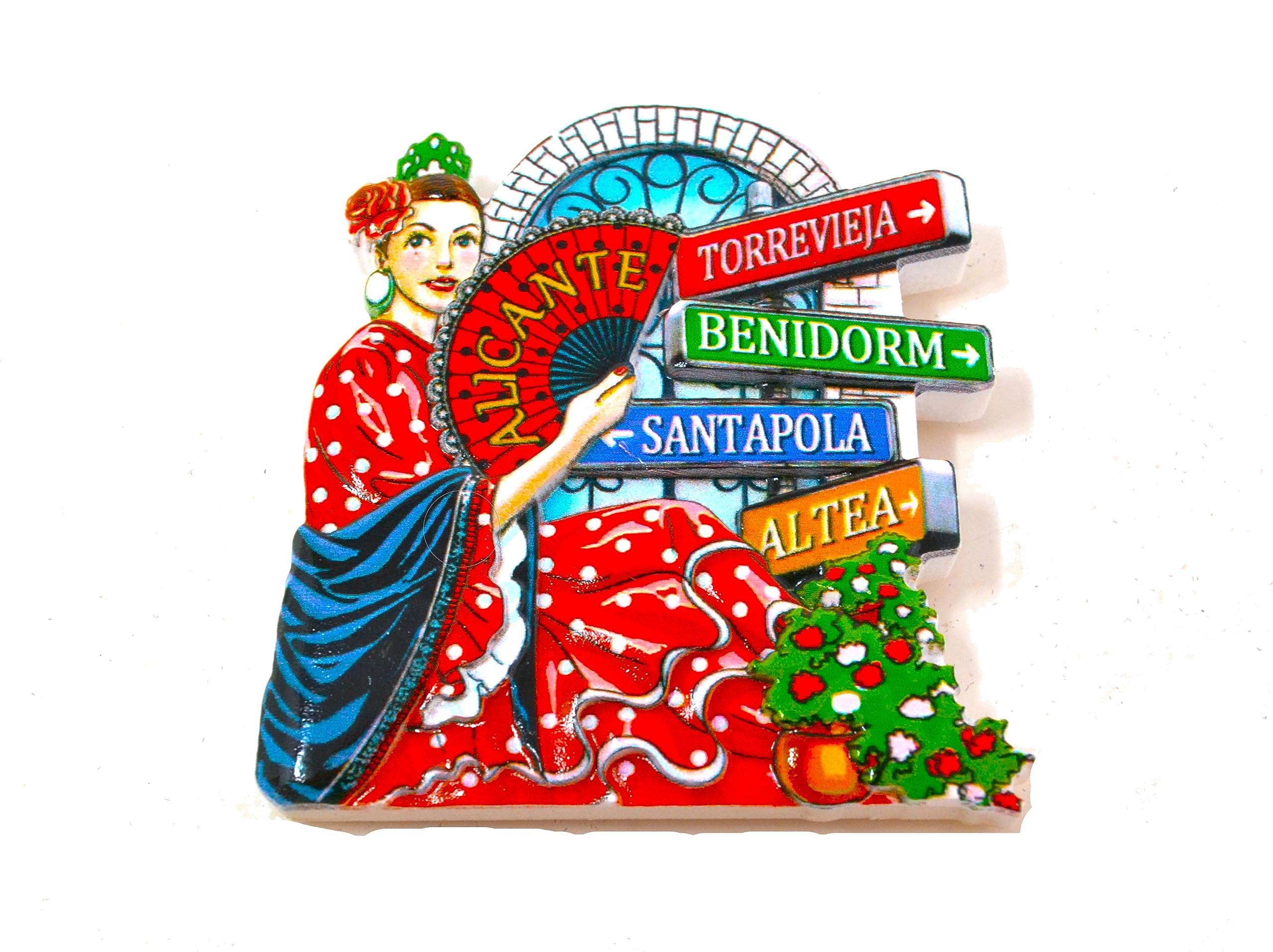 Torrevieja Alicante Altea Benidorm Santa Pola Fridge Magnet. Spanish Flamenco Dancer. Flag of Spain Polka Dot Dress with Pericon Figure. Sevillian Fan