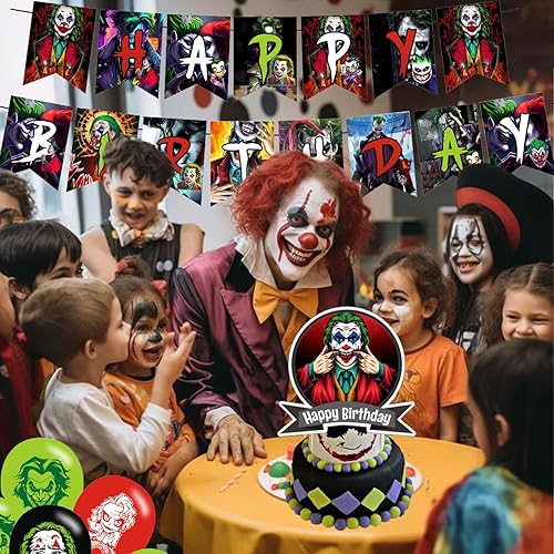 Miniatura 5 de Decoración de fiesta de cumpleaños de payaso de Joker, juego de suministros de fiesta para niños con 1 pancarta de feliz cumpleaños, guirnalda de 13