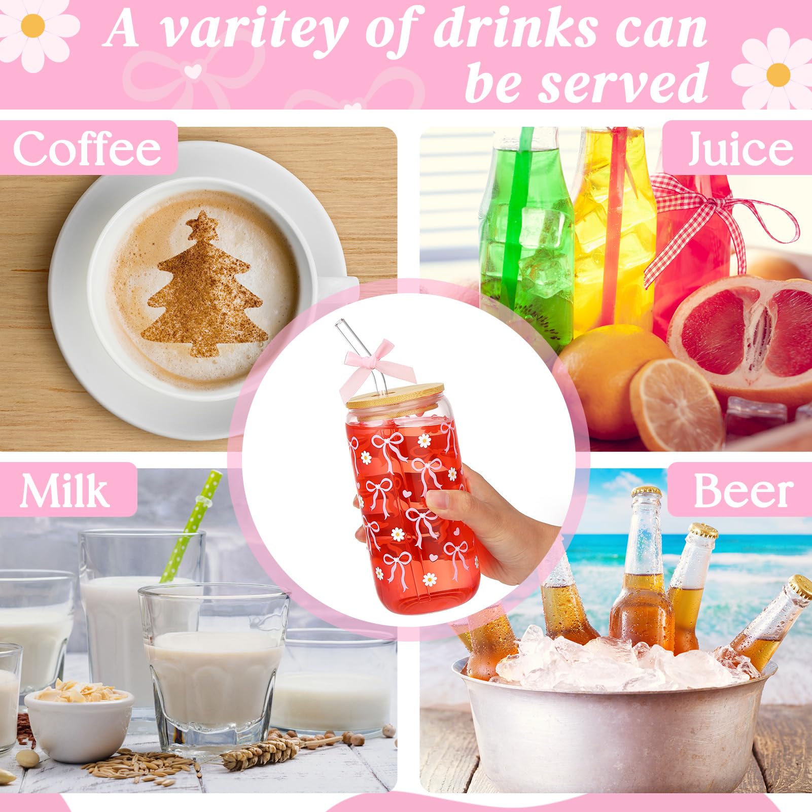 Aesthetic Bicchiere di Vetro, 500ml Vetro con Fiocco Rosa con Coperchio e Cannuccia, Bicchiere in Vetri Matcha, con Spazzola per la Pulizia, Riutilizzabile, Adatto per Cocktail e Succhi di Frutta