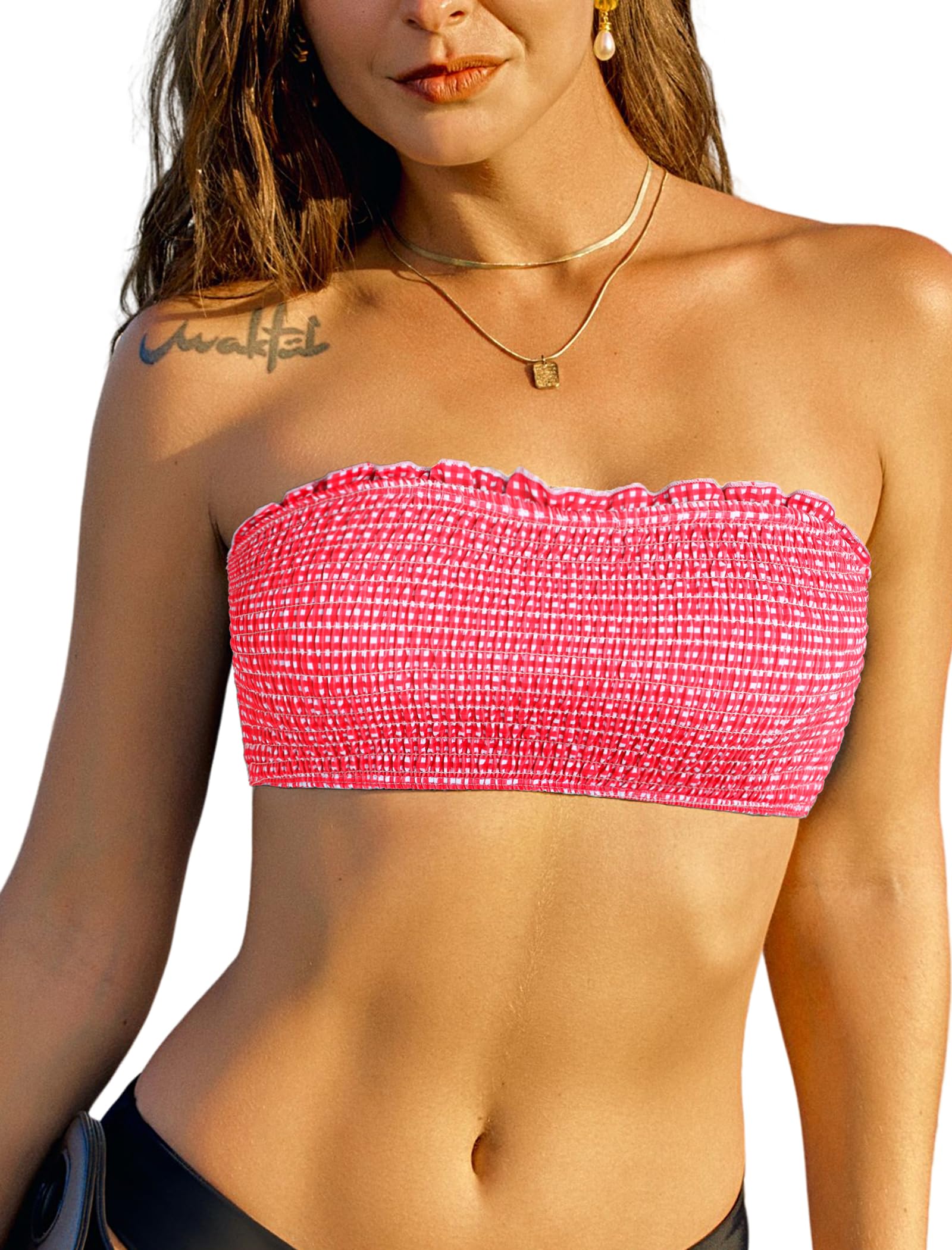 ZAFUL Women Strapless Bandeau Bikini Top Ruffle Lace up Swimsuit Solid Color Bathing Suits Tube Top Only