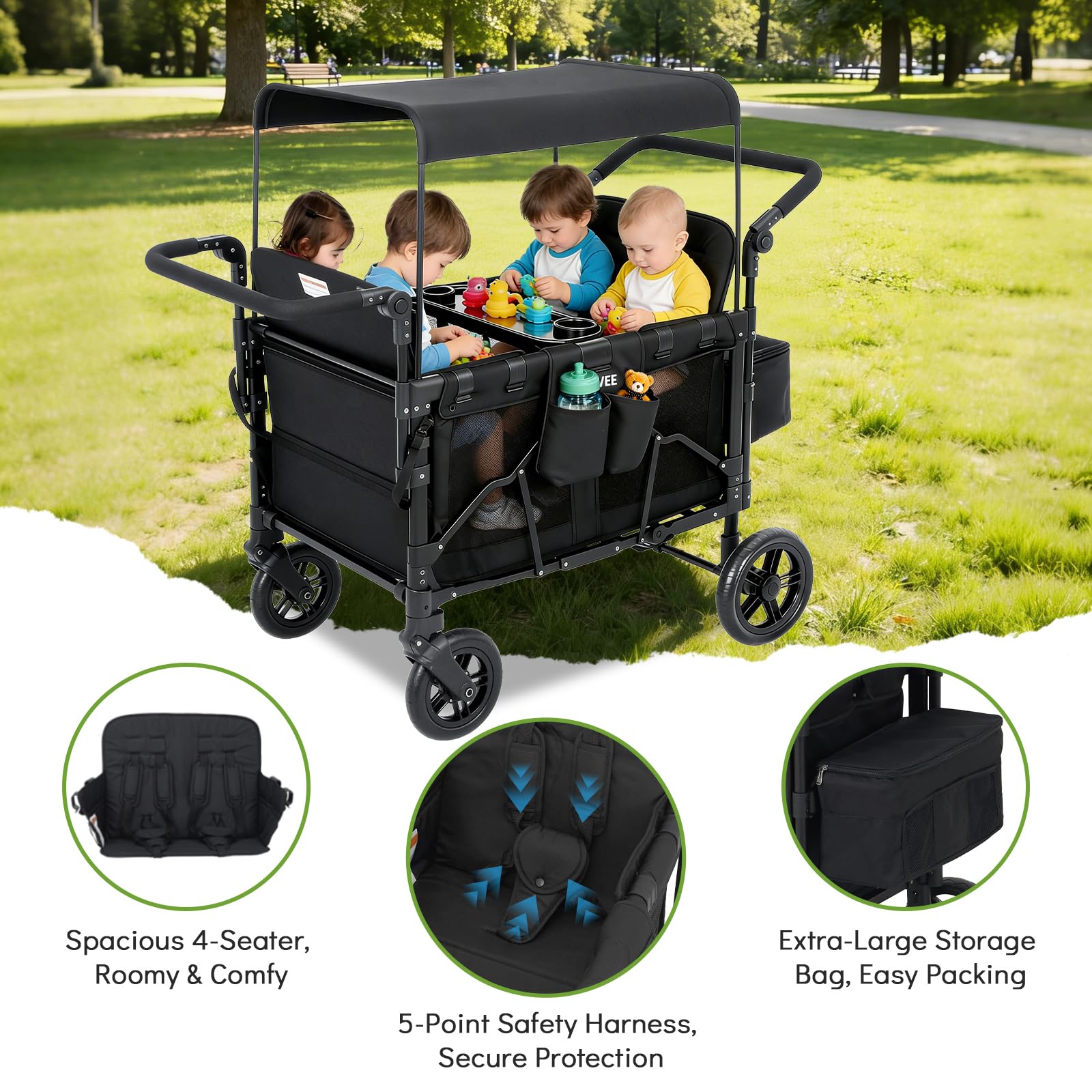 Bollerwagen Faltbar mit Dach 4 Kinder, Faltbarer Bollerwagen Handwagen Verstellbarem Schiebegriff, mit Snackablage, Abnehmbarem Verdeck, Pu-Räder mit Bremsen, Aufbewahrungstasche