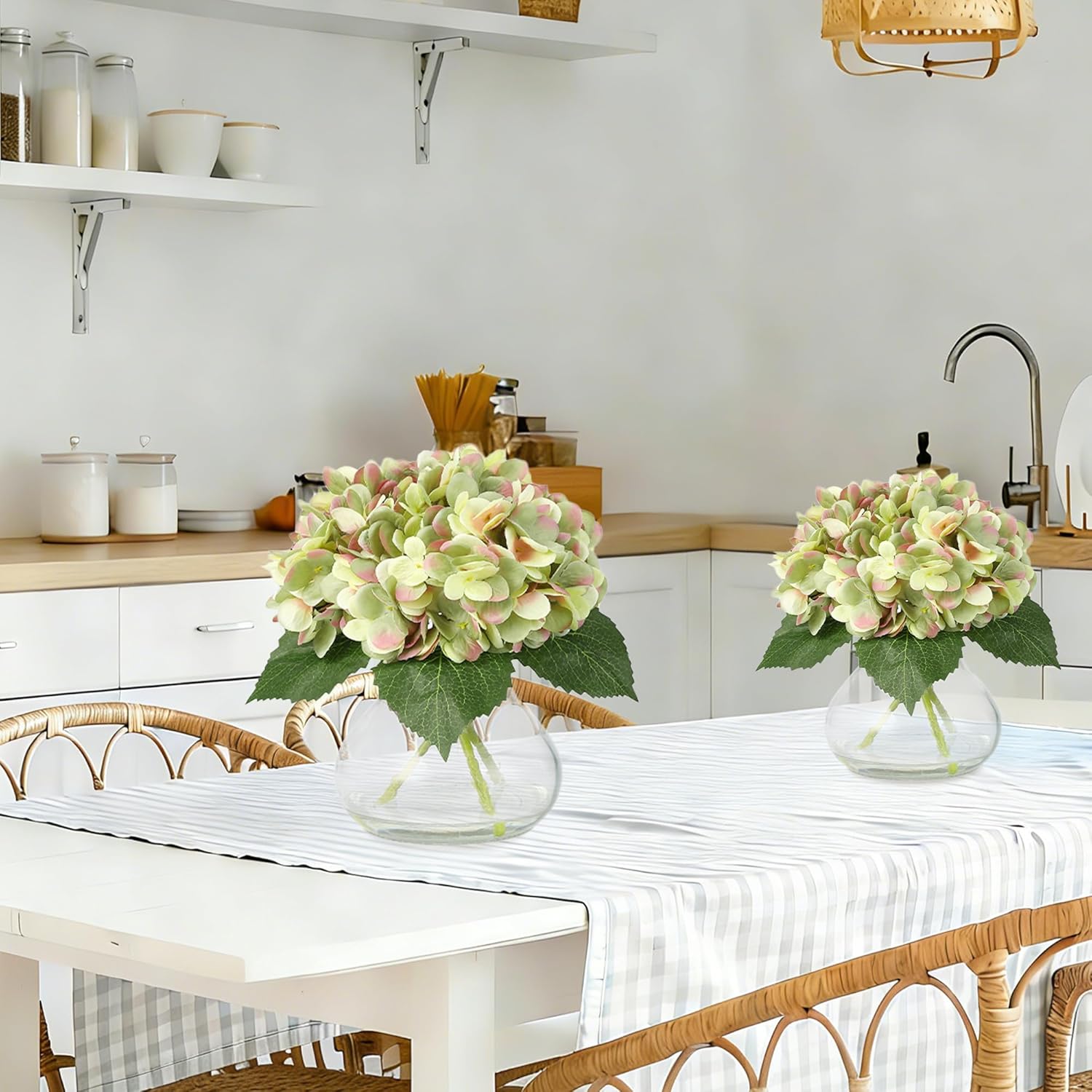 Silk Hydrangea Artificial Flowers in Vase with Faux Water, Green Fake Flower Arrangement in Glass Vase, Realistic Silk Hydrangeas Centerpiece for Wedding, Dining Table, Living Room, Home Decor - Image 2