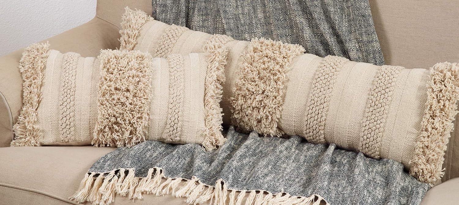 Saro Lifestyle Fringe Stripe Throw Pillow with Down Filling, Natural, 12"x40"