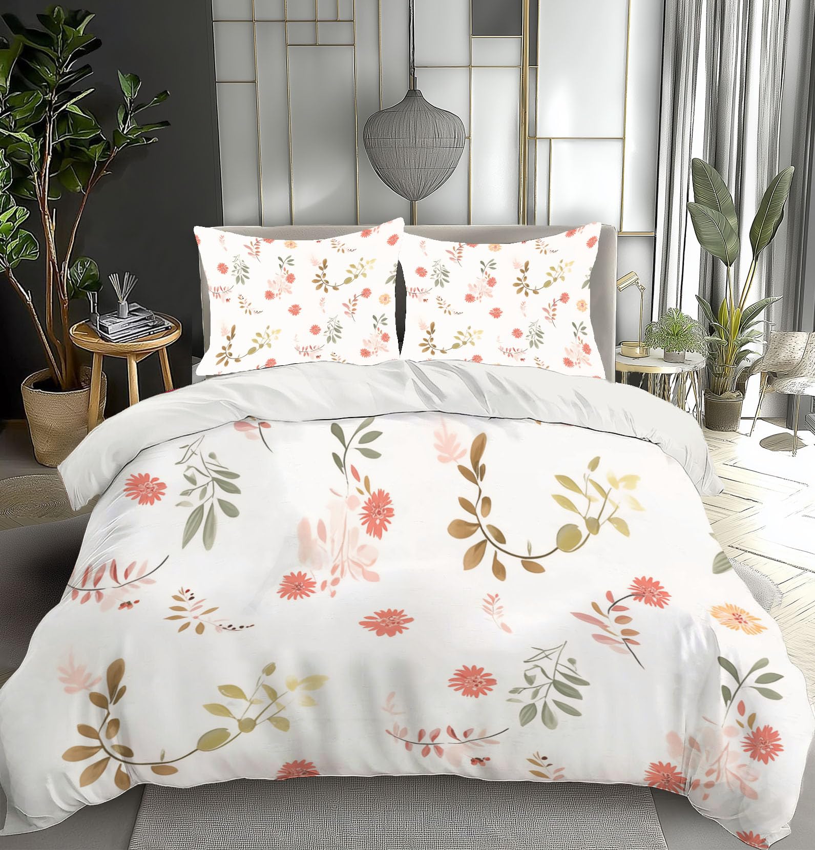 Housse de couette 140x200 petit floral blanc avec 2 taies d'oreiller