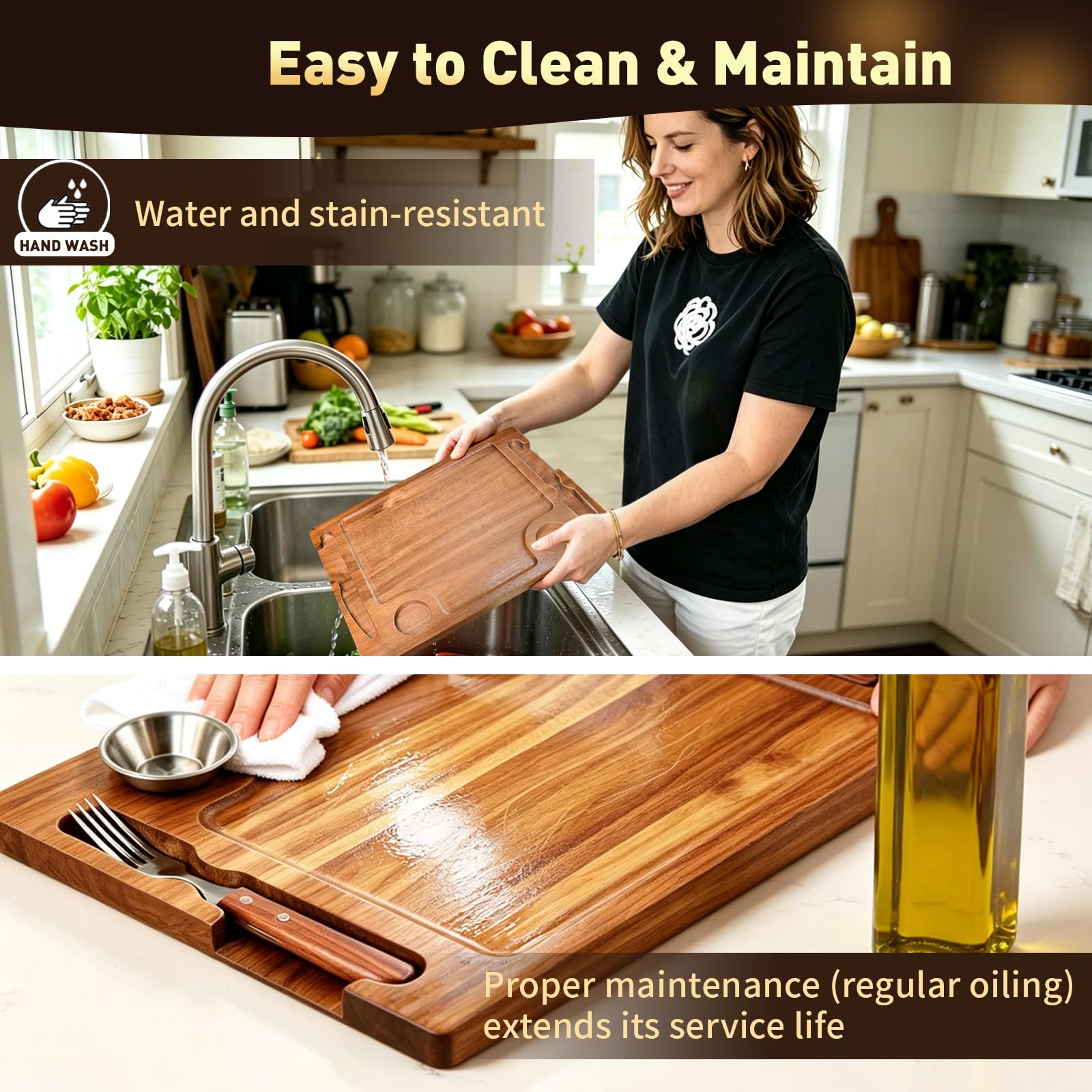 Steakbrett aus Akazienholz, wendbar, Charcuteriebretter, Schneidebrett-Set mit Gabel, Messer und 2 SUS304 Auflaufförmchen, 39,9 cm, Holz-Servierbrett für Zuhause, Grillen, Geschenk für Damen und