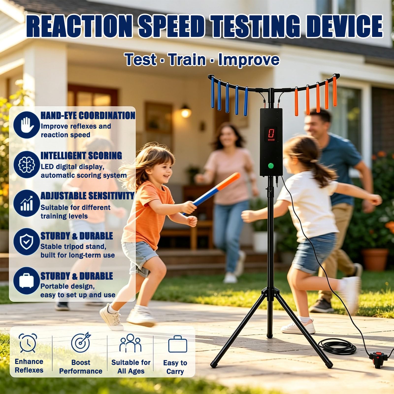 Máquina recreativa de Entrenamiento de coordinación Ojo-Mano con Velocidad Ajustable, Catch Stick, 10 Palos, trípode Ajustable, MP3, Luces LED Yellow