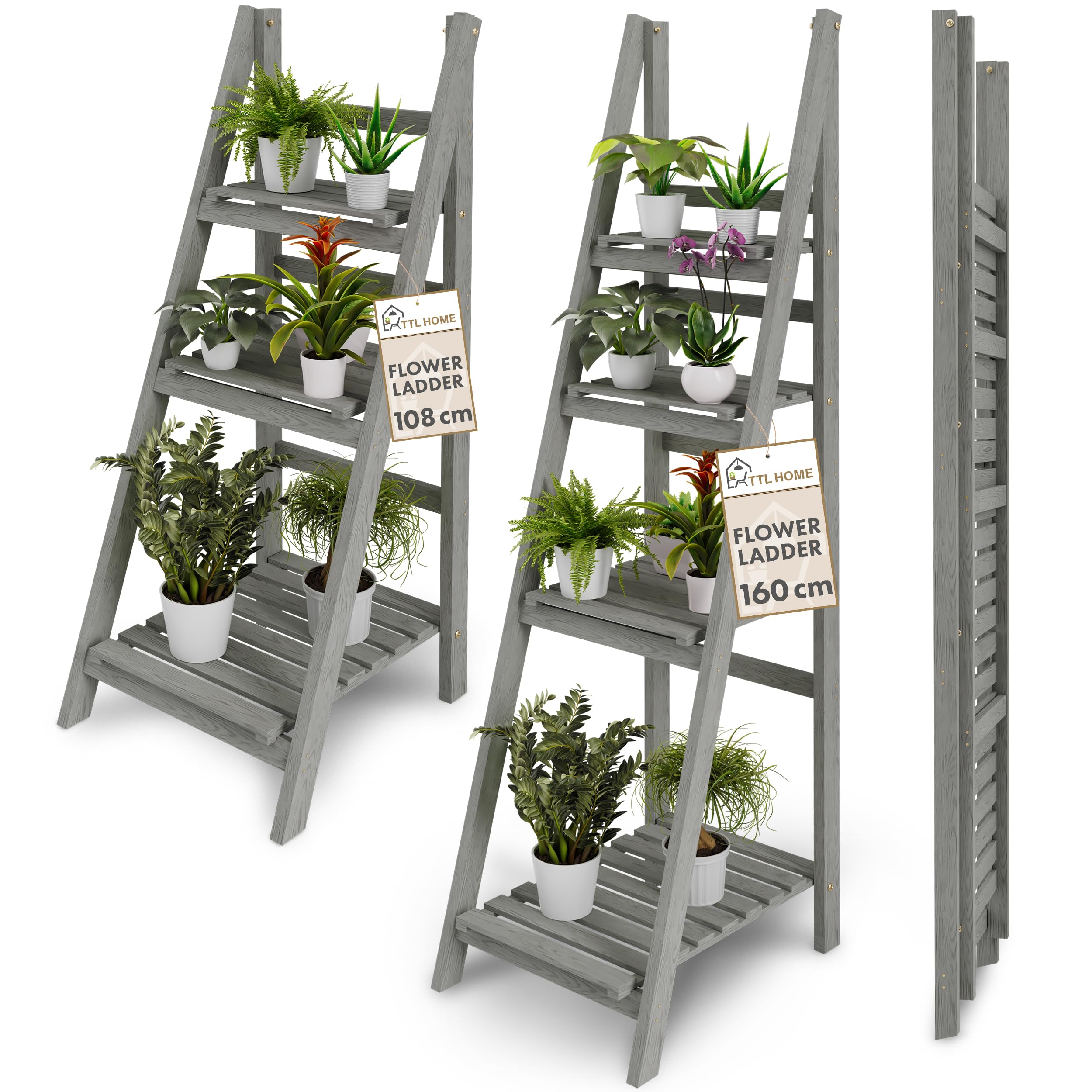 TTL HOME Blumenleiter Flower Ladder M+L Set grau - 2er Set 108 & 160 cm Massiv Holz Blumentreppe Blumenregal Pflanzentreppe Leiterregal für Balkon Terrasse draußen outdoor Pflanzenregal klappbar