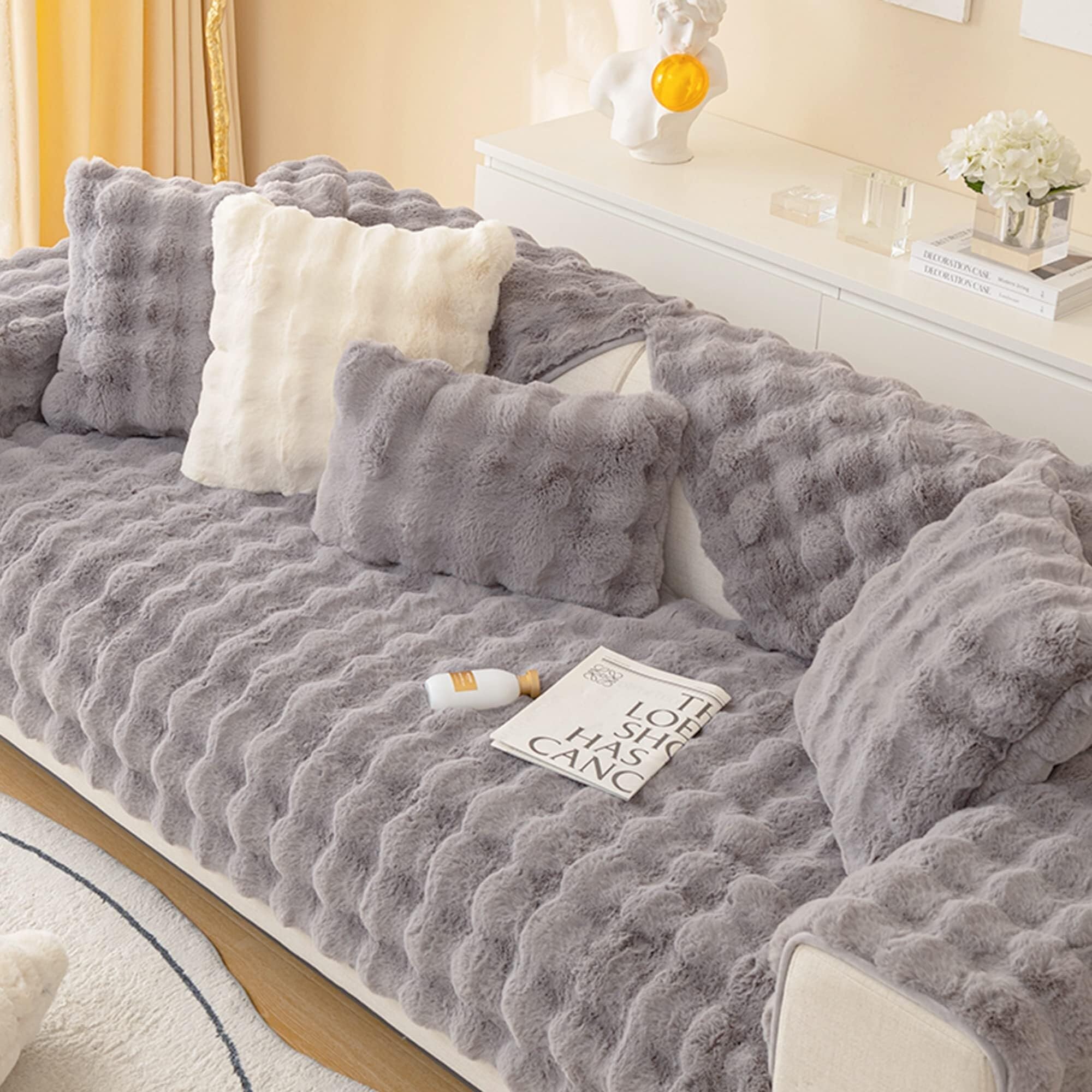 YUMEIGE Upgraded Couch Covers - Thick Plush Faux Rabbit Fur Sofa Cushion Non-Slip Warm Soft Cozy Couch Covers Pillow Covers Furniture Protector(GREY,110 * 110cm) — image 1