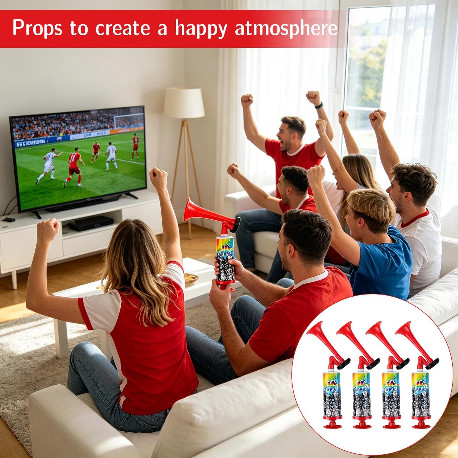 Ensemble de 4 Pièces Trompette Supporter Manuel Corne de Brume Puissant et Portable Vuvuzela Idéal pour les Percussions les Matchs Football la Coupe du Monde et Fêtes Corne Musique Portable Rouge