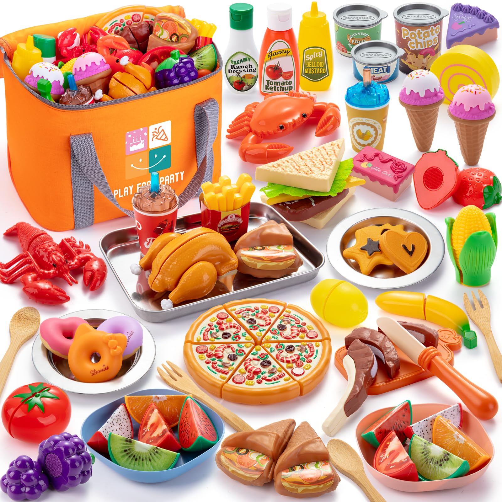 Juboury Pretend Play Food Set for Toddlers, Cutting Toy Food with Storage Bag, Stainless Steel Tray and Plates, Food Toys with Veggies, Fruits,