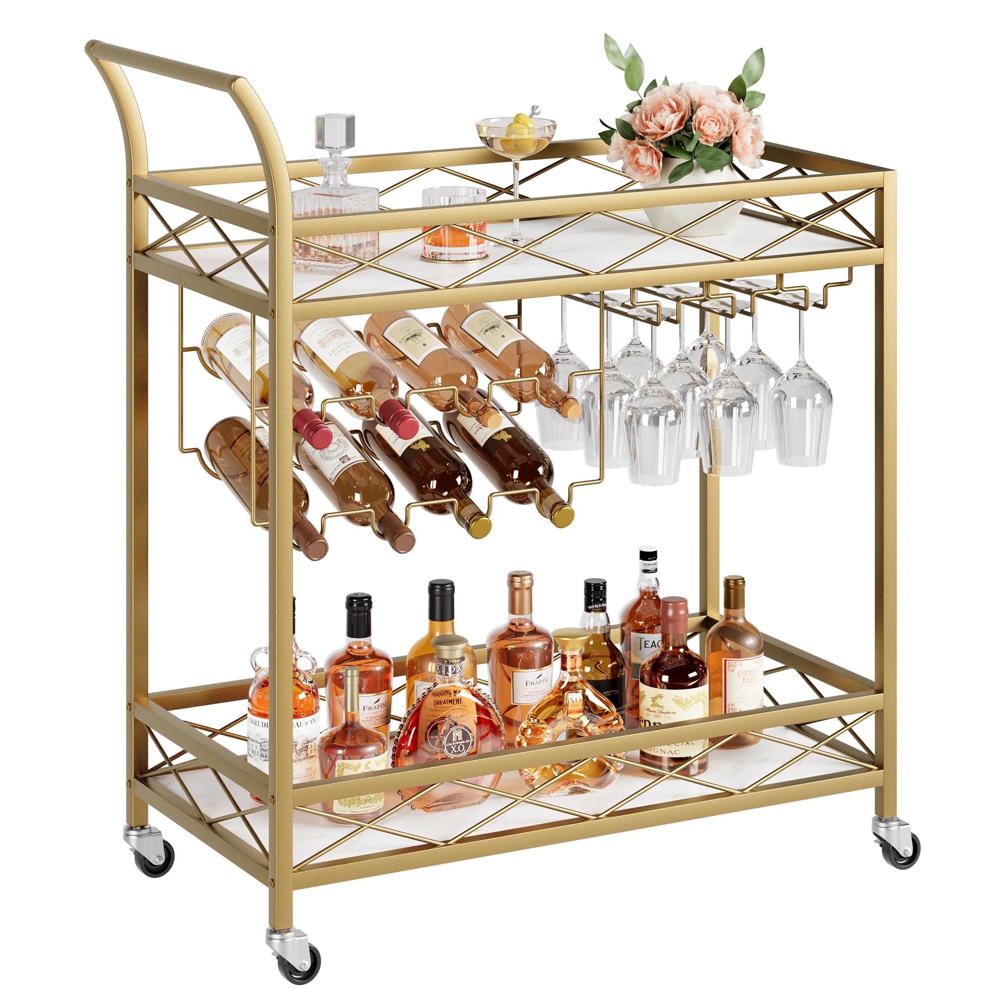 GAOMON Gold Bar Carts with 2-Tiers Storage Shelves，Mobile Kitchen Seving Carts on Wheels with Wine Rack and Glass Holder for Kitchen, Living Room, Dining Room