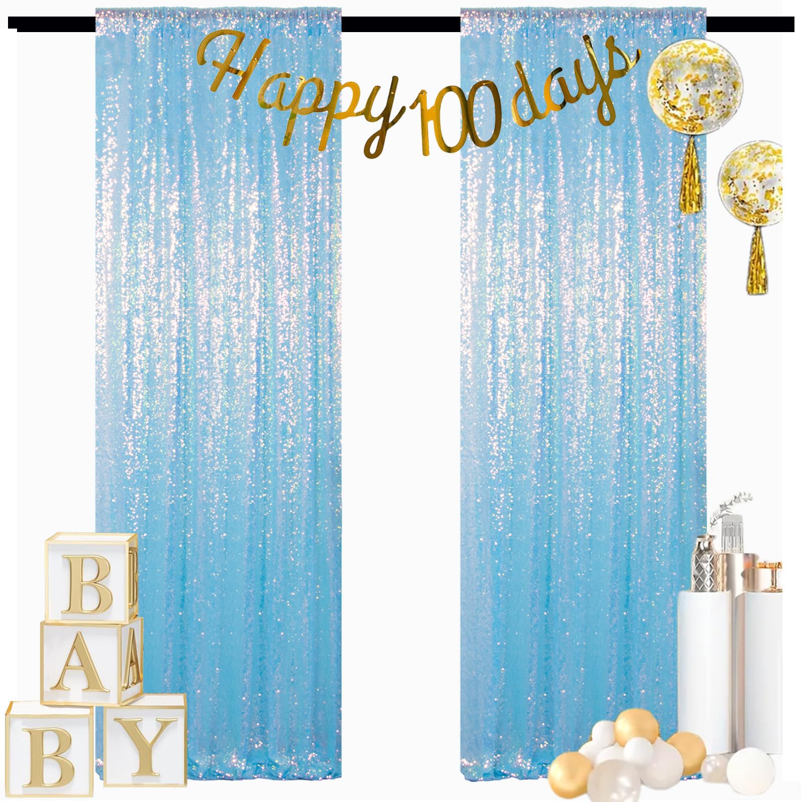 ShinyBeauty 2 Panels Aqua Iridescent Backdrop | 7Ft x 7Ft Sparkly Photo Background | Mermaid Sequin Fabric for Birthday & Studio Photography | Durable