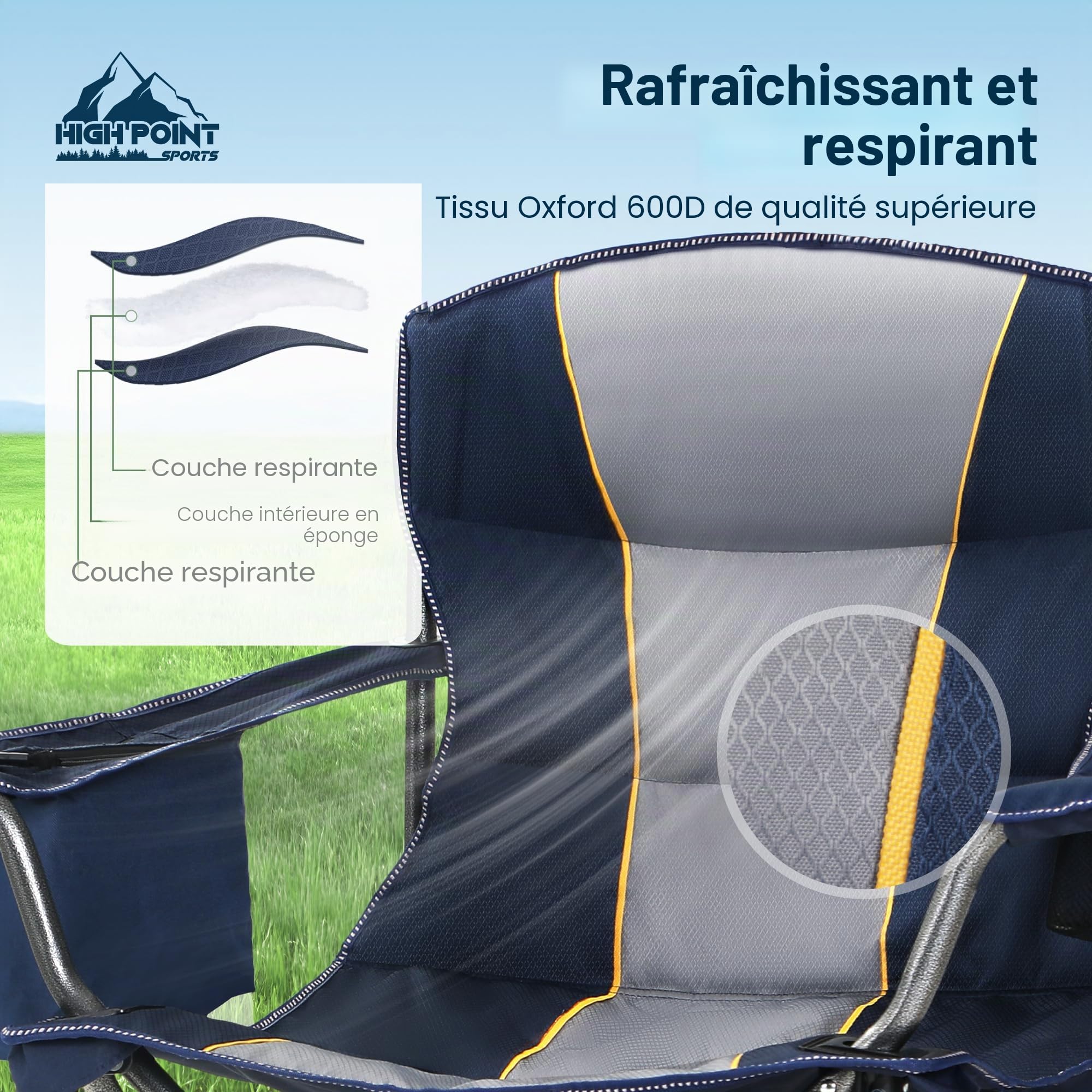 High Point Sports Chaise Pliante Camping Fauteuil Pliable Chaise de Plage 200KG Chargeable Chaise Pliante 62cm Largeur d'assise avec Poche latérale & Porte, Camping, Jardin, Pêche, Terrasse, Bleu