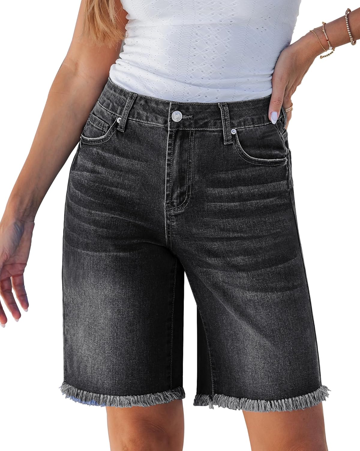 luvamia Jean Bermuda Shorts for Women Trendy Mid Rise Raw Hem Knee Length Stretchy Denim Long Shorts Summer Casual Jorts