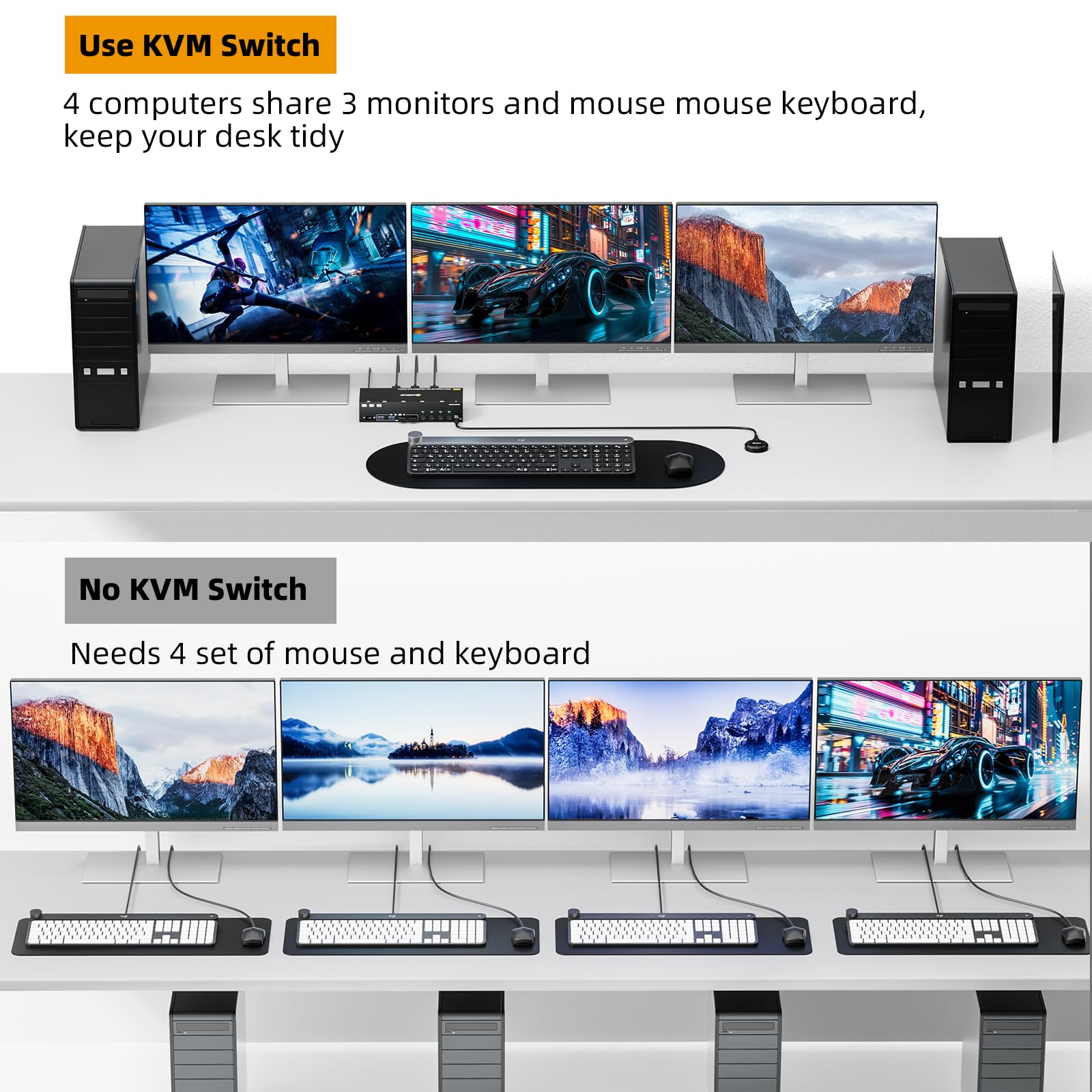 KVM Switch 3 Monitores 4 PC, 2 DisplayPort + 1 HDMI Conmutador KVM USB 3.0, compatible con 4K@60Hz para 3 ordenadores que comparten 2 monitores DP, teclado y ratón