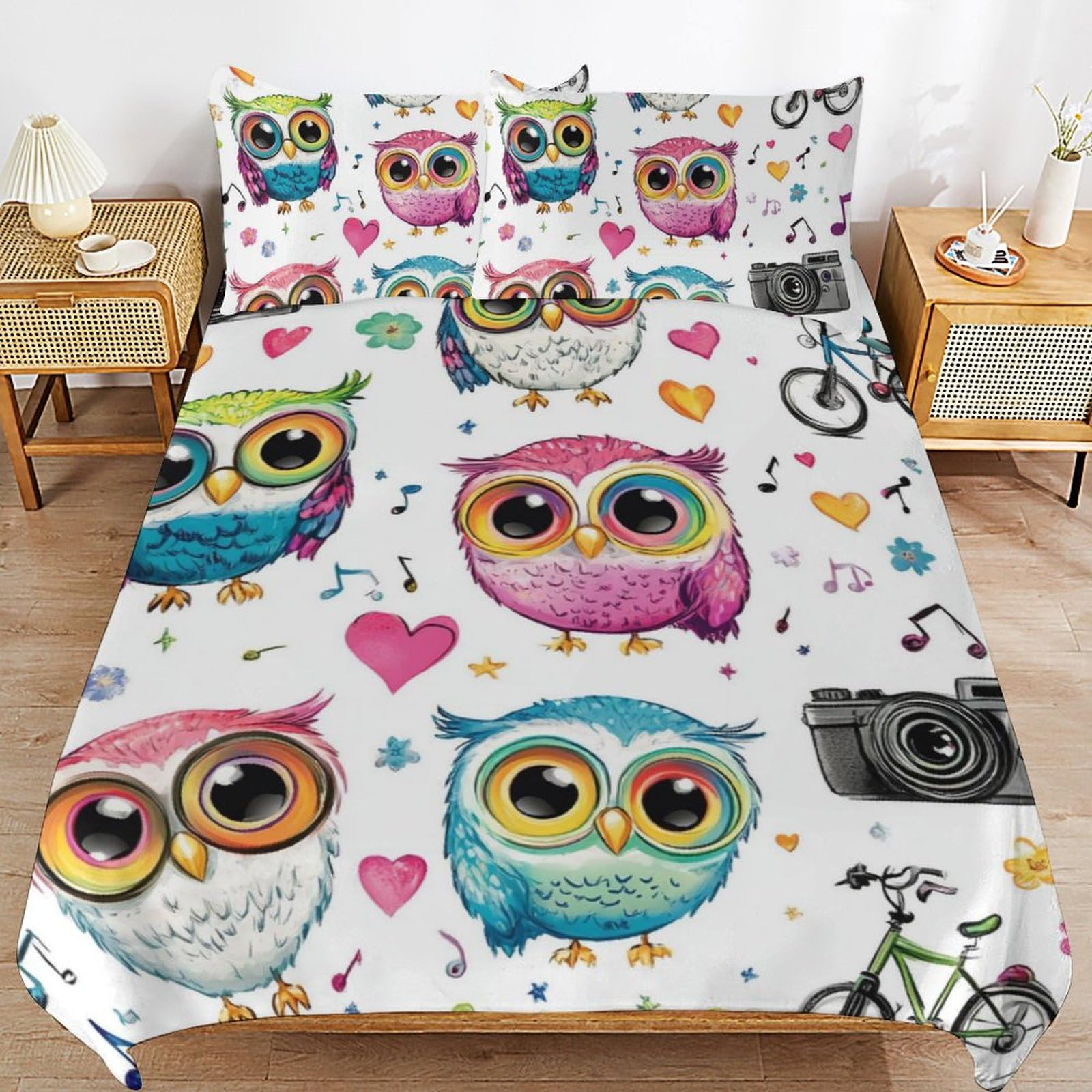 Parure de lit hibou 3 pièces en microfibre douce avec 2 taies pour chambre d'enfant