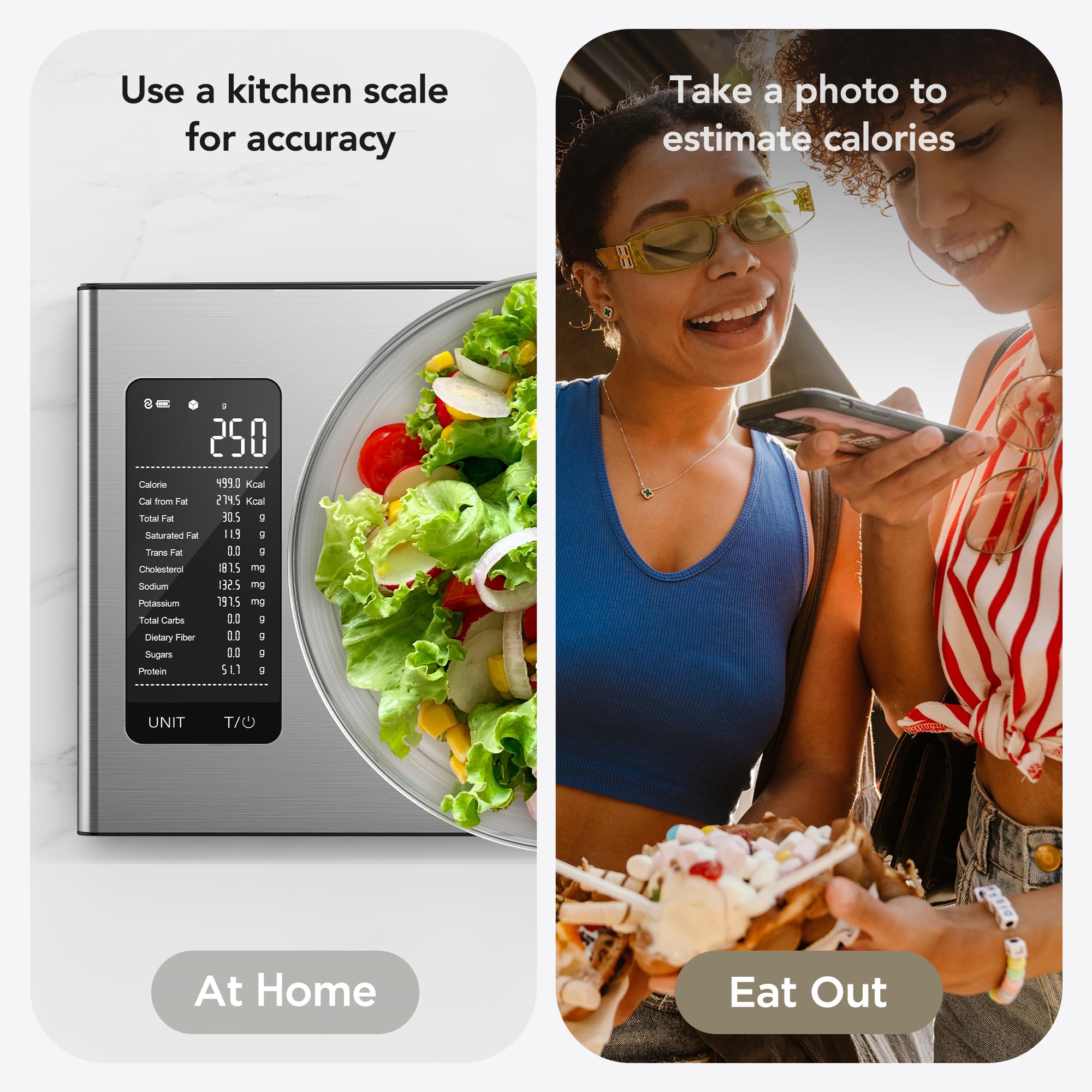 Ultrean - Báscula inteligente de cocina con calculadora nutricional, APP para seguimiento de calorías y macronutrientes, con IA, seguimiento de objetivos, báscula digital de calorías para perder peso