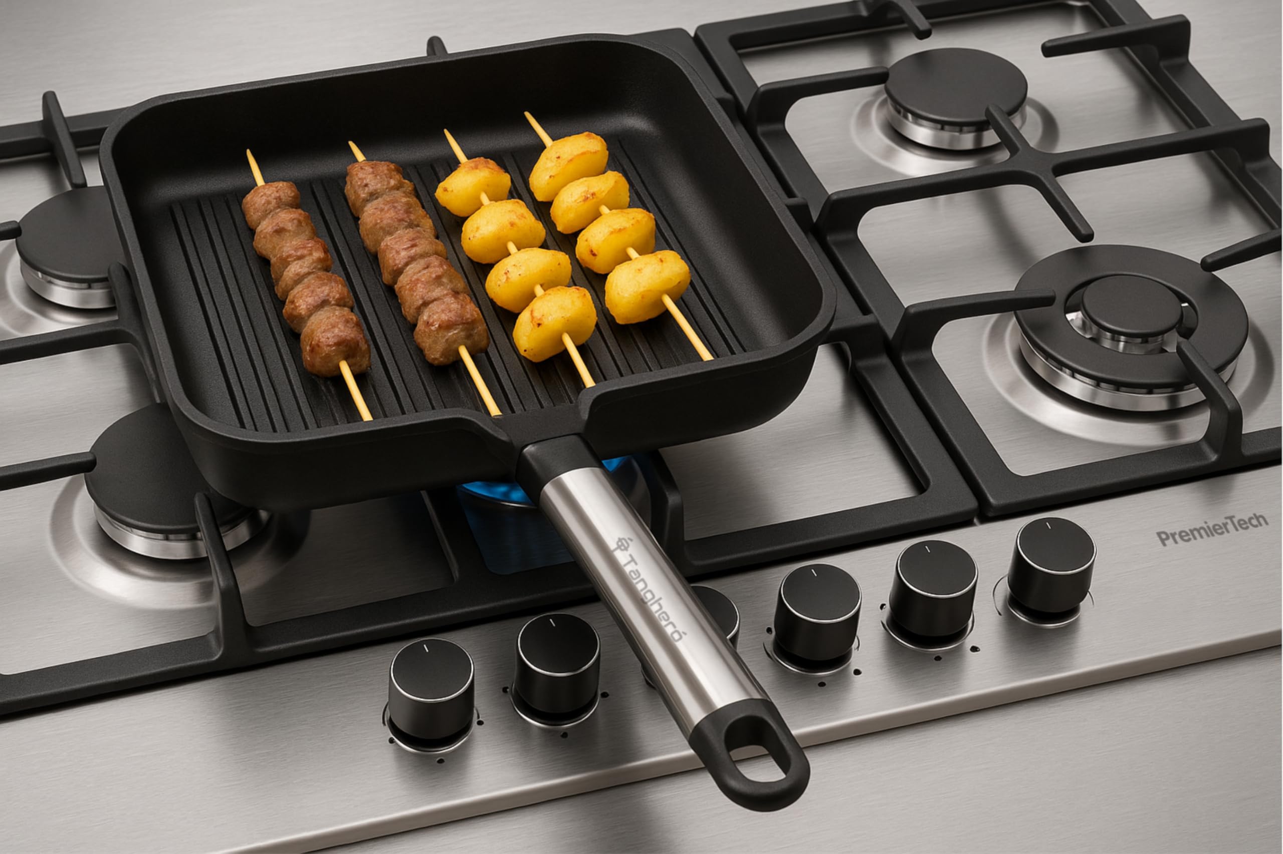 PremierTech Piano Cottura a Gas 6 fuochi, 90 cm, Acciaio Inox, Incasso 83 x 49cm, Doppio Bruciatore Wok, Supporti in Ghisa professionali, predisposto Metano e Kit Ugelli GPL inclusi, PC906