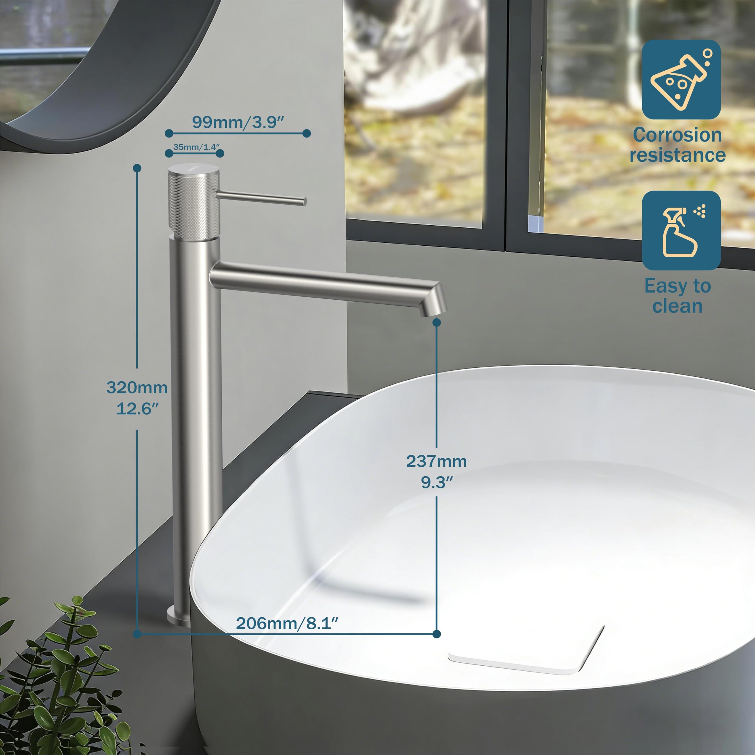 Krobec Grifo Lavabo Alto,Grifo Baño Alto, Grifo Monomando para Lavabo Alto con Altura de Salida de 250 MM, Cartucho Cerámico, para el Lavabo del Baño, Lavamanos, Baño de Invitados(Níquel cepillado)